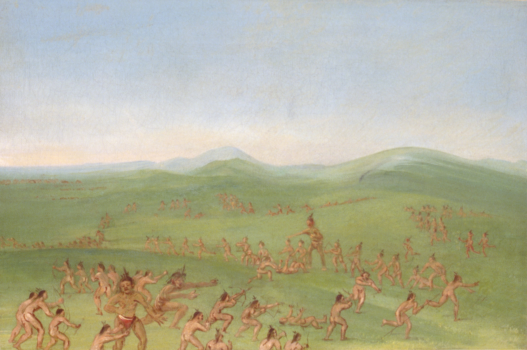 Sham Fight, Mandan Boys by George Catlin, oil painting of two boys in traditional attire engaged in mock battle.