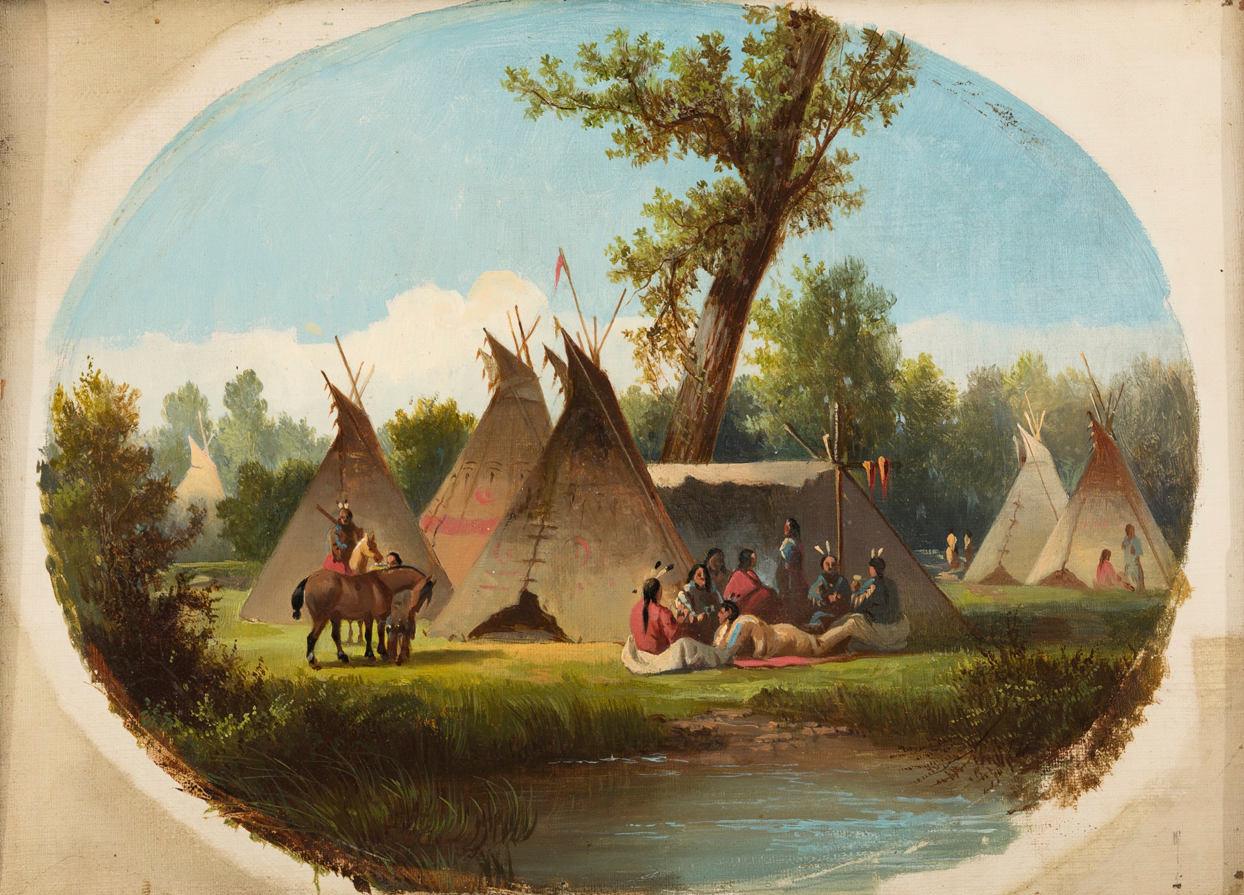 Assiniboin Encampment on the Upper Missouri by John Mix Stanley, oil painting depicting Native Americans in a camp.