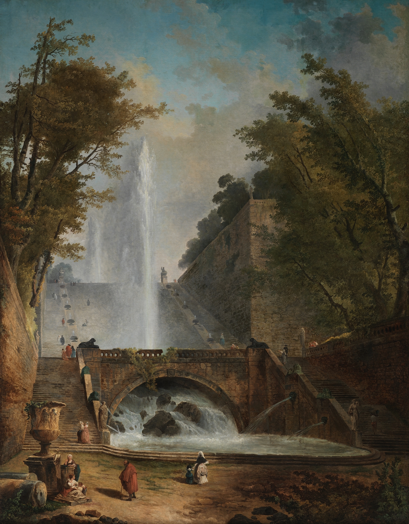 Stair and Fountain in the Park of a Roman Villa, by Hubert Robert, public domain