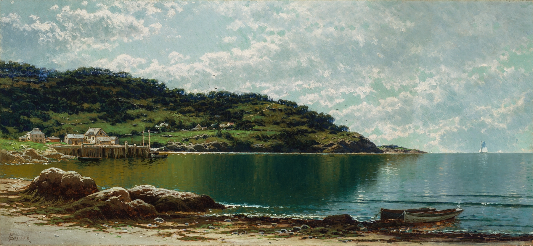 Along the Maine Coast, oil on canvas by Alfred Thompson Bricher, depicting a serene marine scene.
