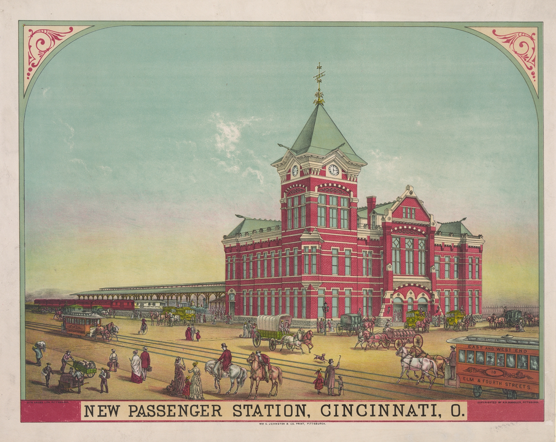 Lithograph by Krebs Lith. Co depicting the grand Cincinnati passenger station
