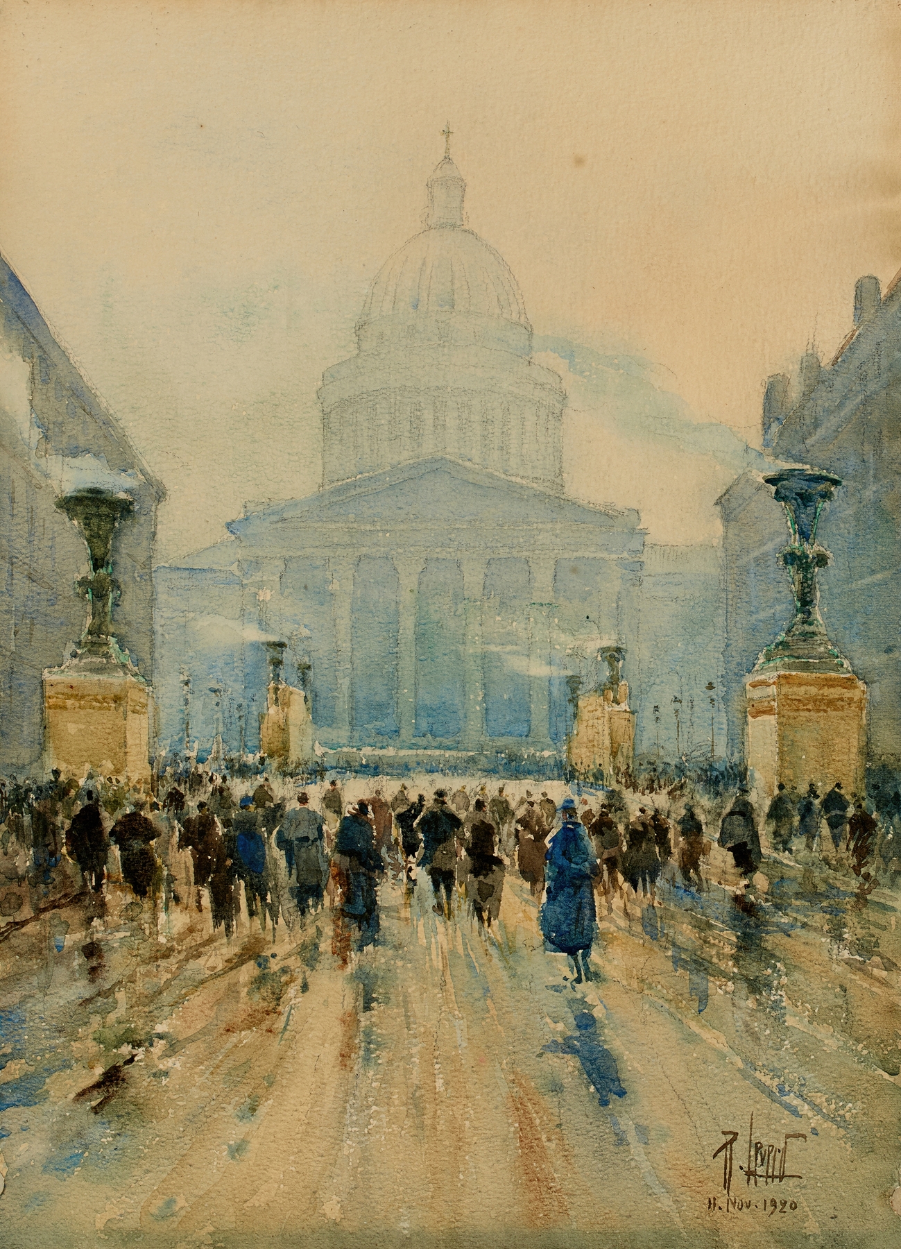 Le Panthéon, le 11 novembre 1920 by Réné Leverd, oil painting depicting the dome in soft light.