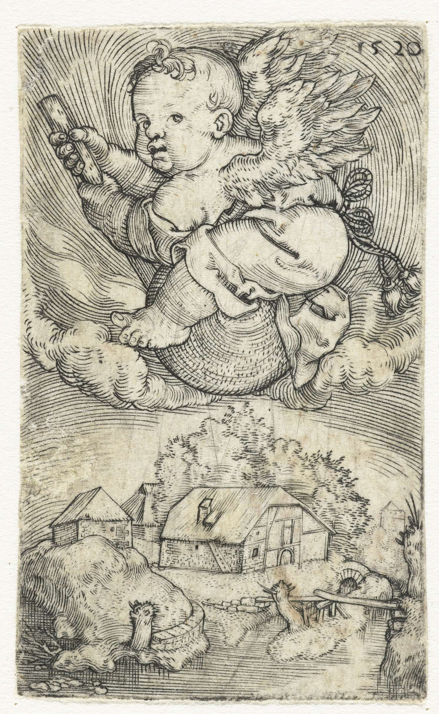 Vliegende kleine engel op een bol boven landschap, by Barthel Beham, public domain