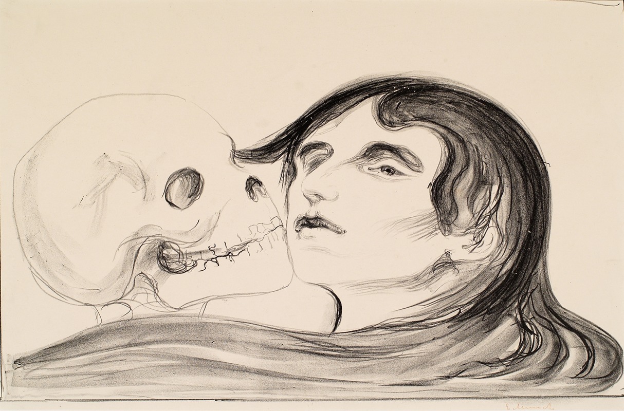 Edvard Munch's 'The Kiss of Death' explores themes of love and mortality.