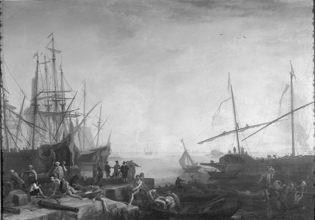Marine scene with a bustling seaport, figures and sails, oil painting by Adrien Manglard