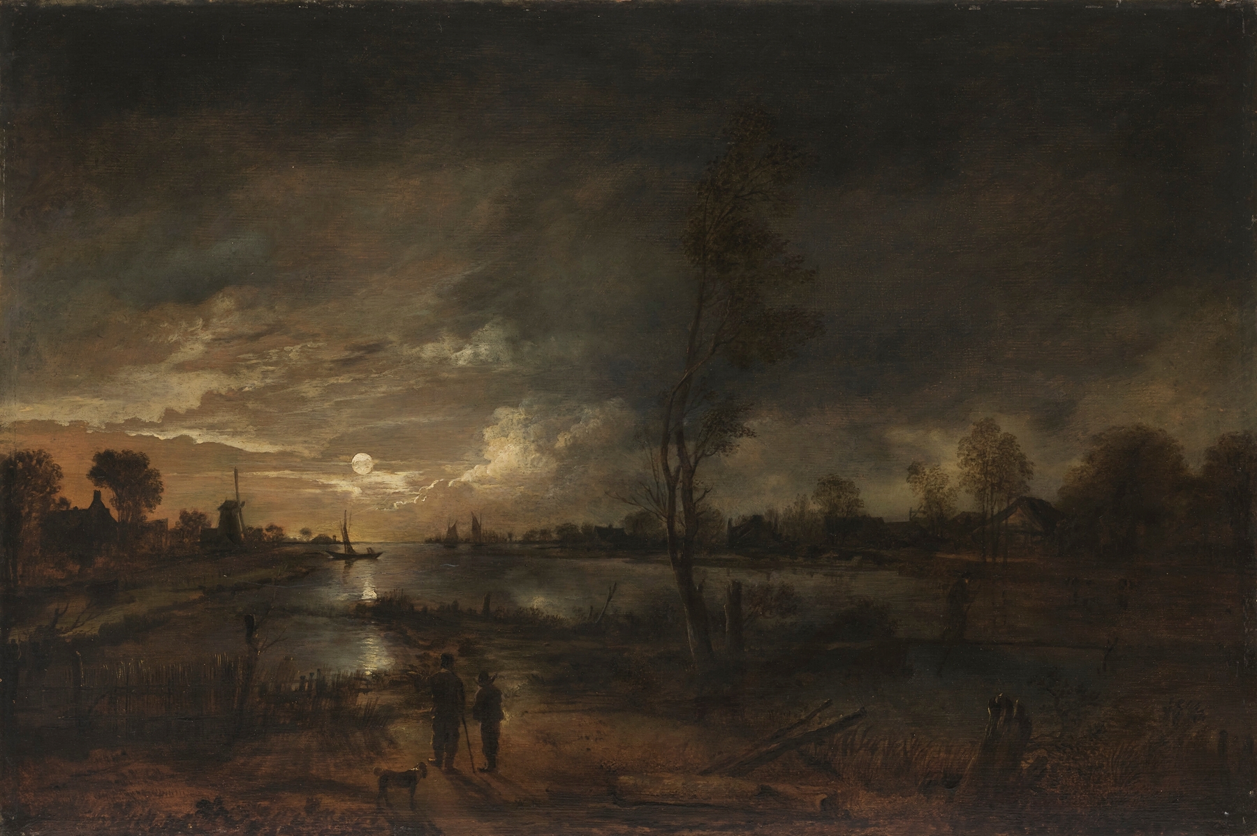 A moonlit river landscape with figures on the bank and a town beyond, by Aert van der Neer, public domain