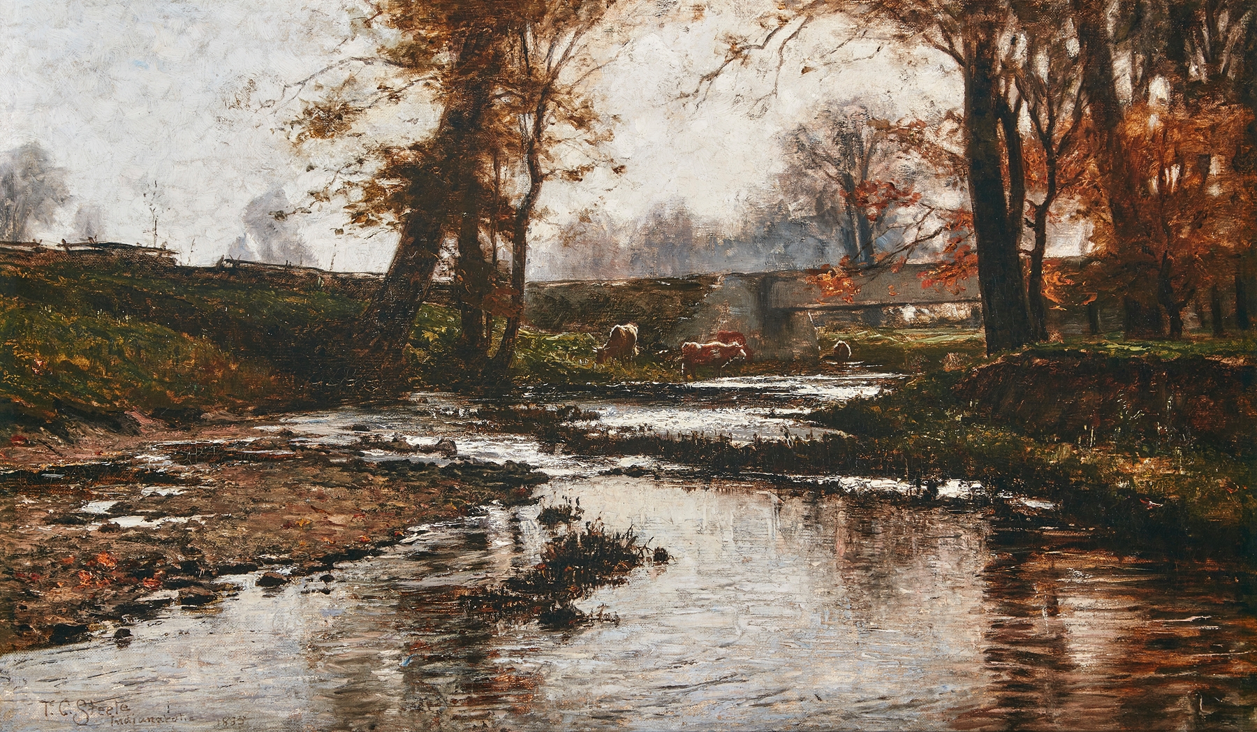 Landscape with a stream and light reflections, oil on canvas by Theodore Clement Steele