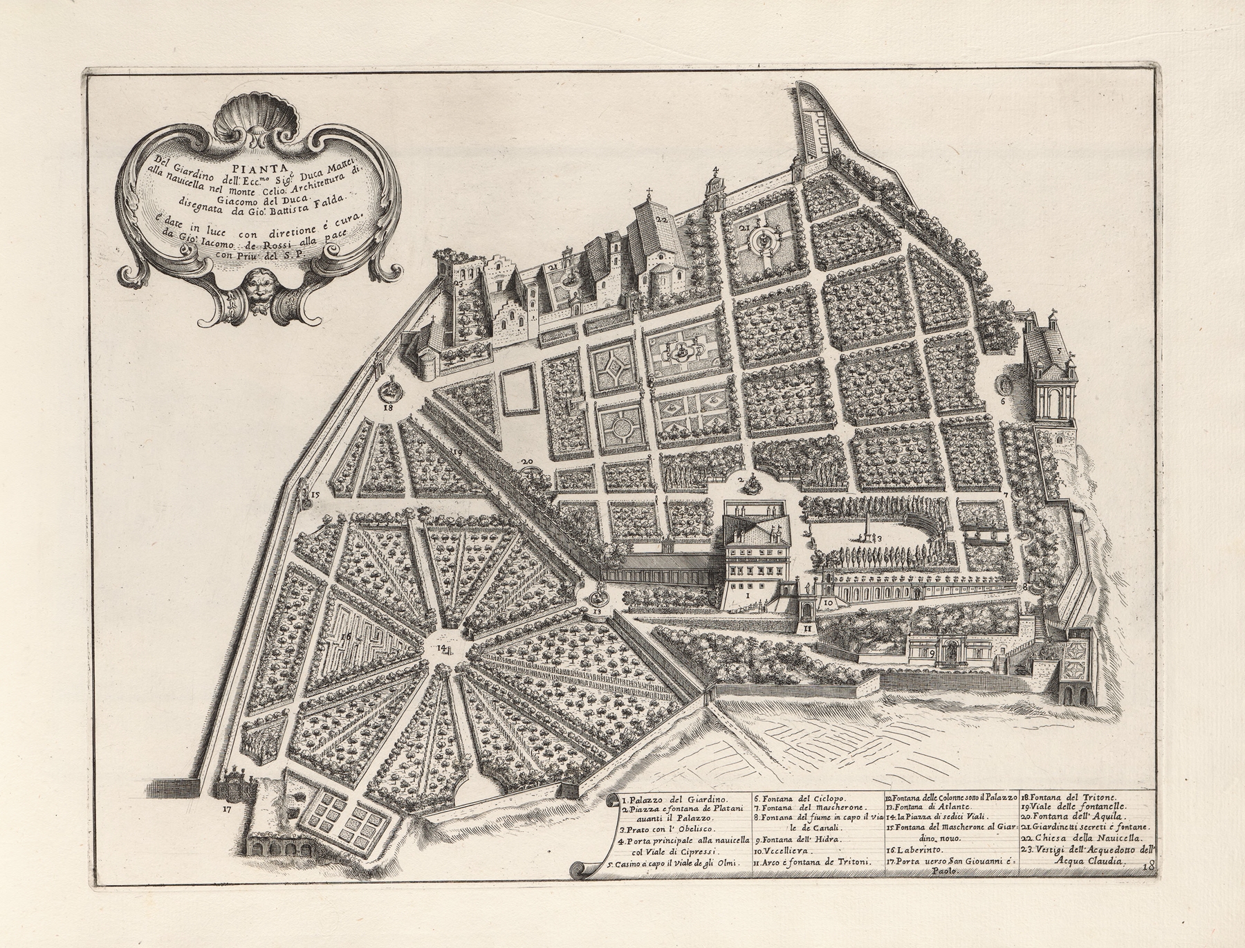 Li giardini di Roma: con le loro piante, alzate e vedvte in prospettiva Pl.17, by Giovanni Battista Falda, public domain