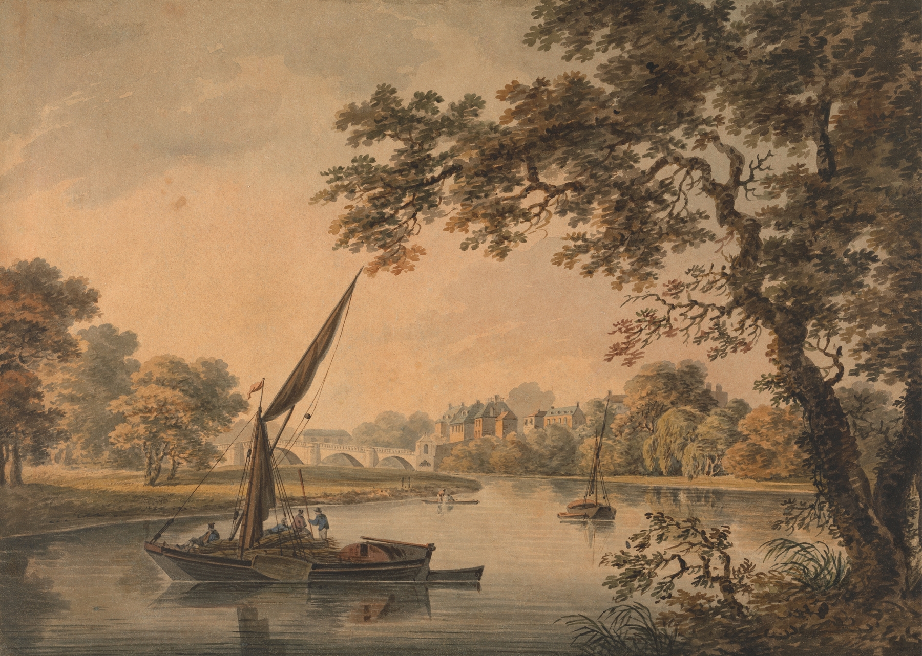 A Bridge over the Thames, with sailing barges in the foreground, by Dominic Serres, public domain