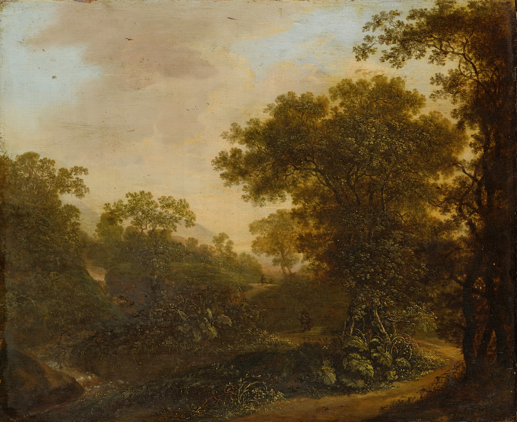 Landscape with Path in the Woods by Ottomar Hackius, oil painting depicting a serene forest scene.