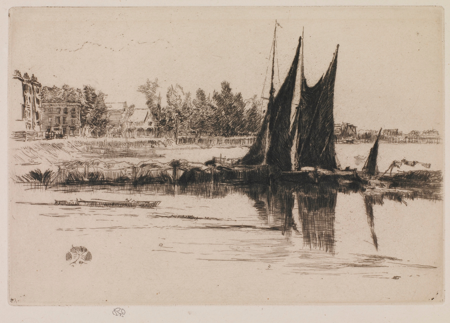 Hurlingham by James Abbott McNeill Whistler, oil on canvas depicting figures by water and a soft sky.