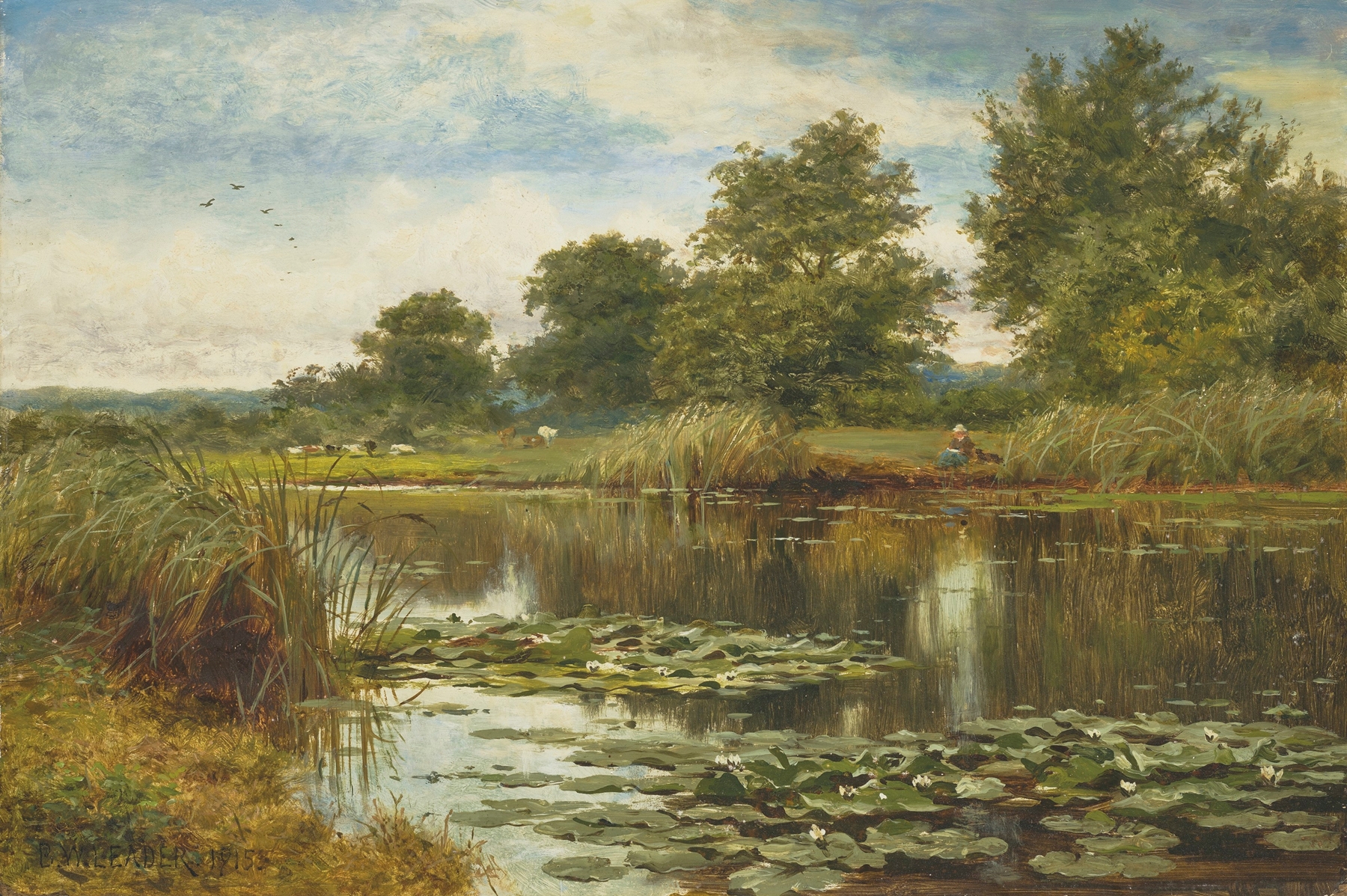 Water Lillies by Benjamin Williams Leader, oil on canvas depicting tranquil water and vibrant flowers.