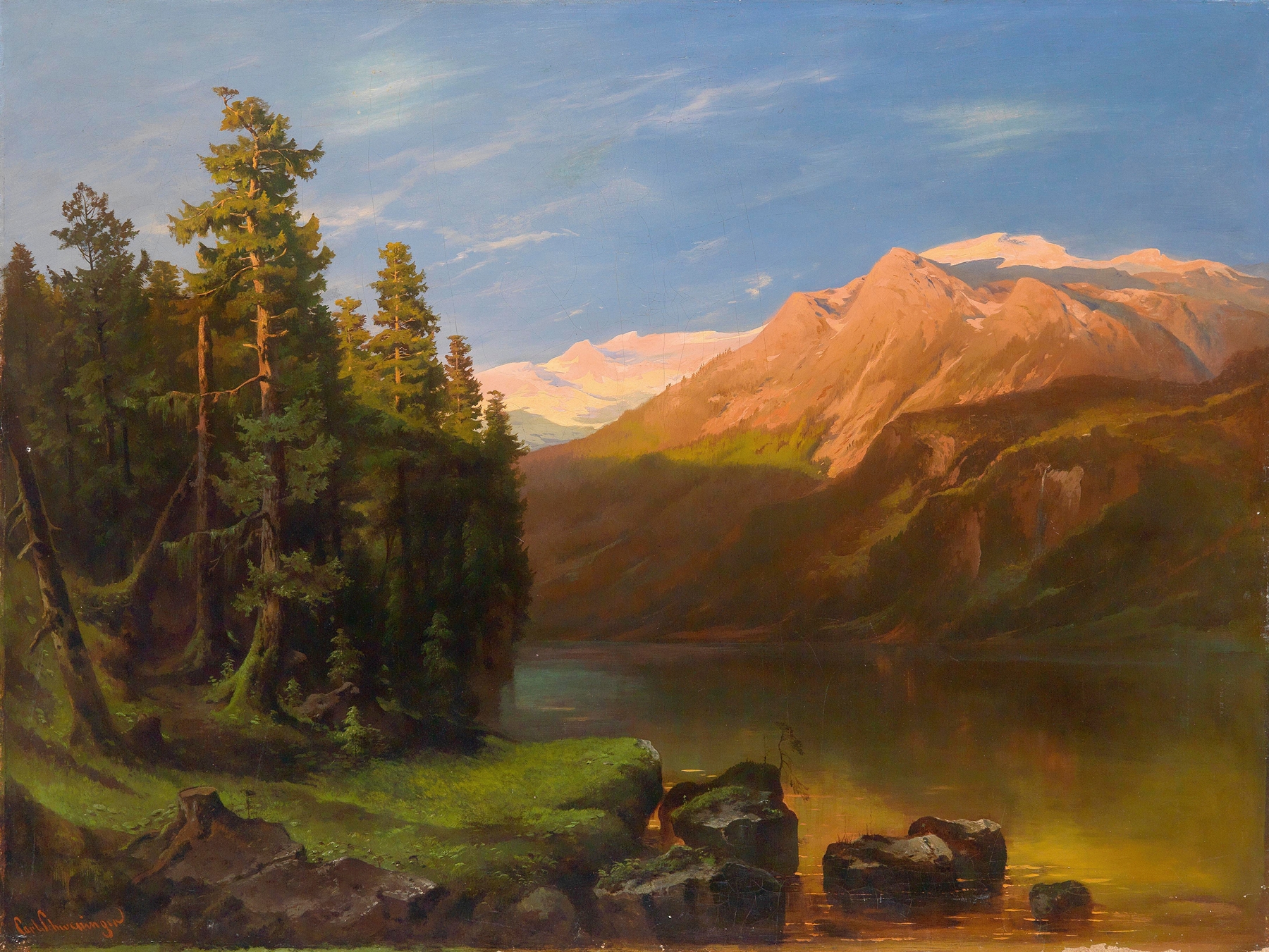Landschaft im Abendrot by Carl Schweninger, oil on canvas depicting a vibrant sunset landscape.
