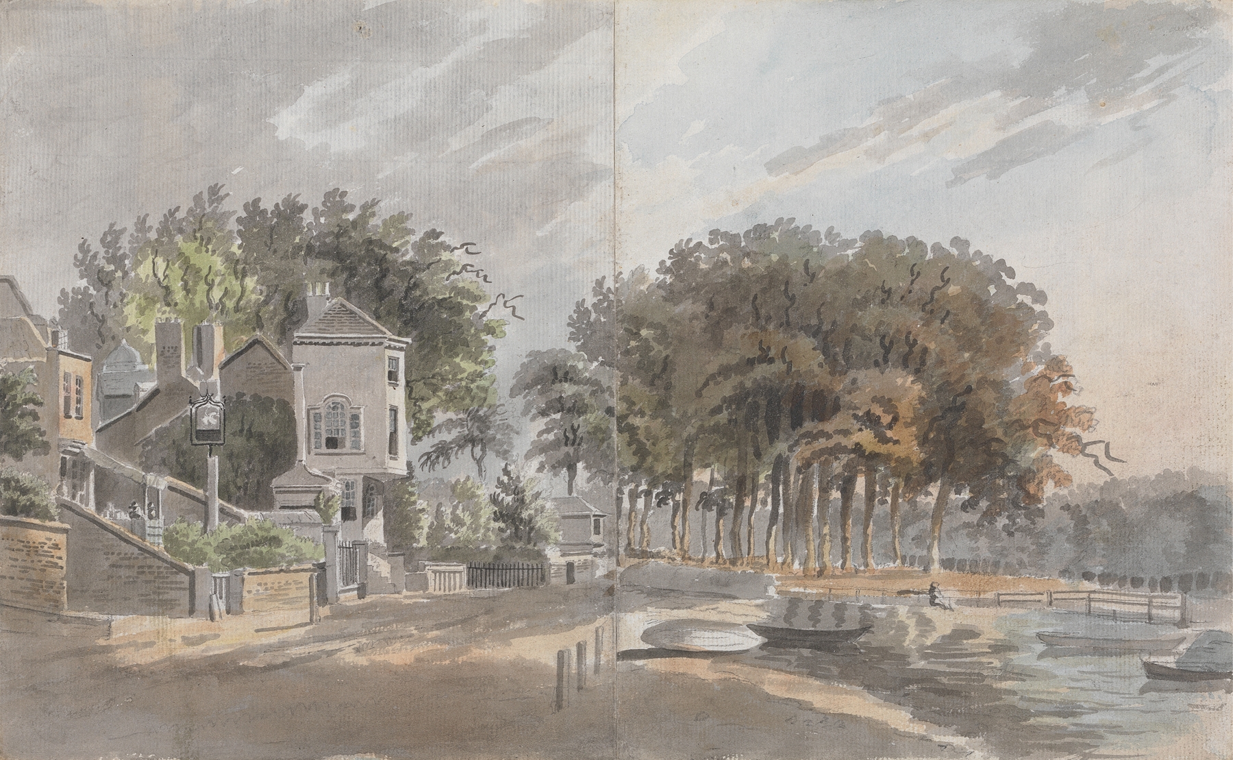 The Swan Inn at Twickenham, oil on canvas by James Miller, depicting a tranquil river scene at twilight.