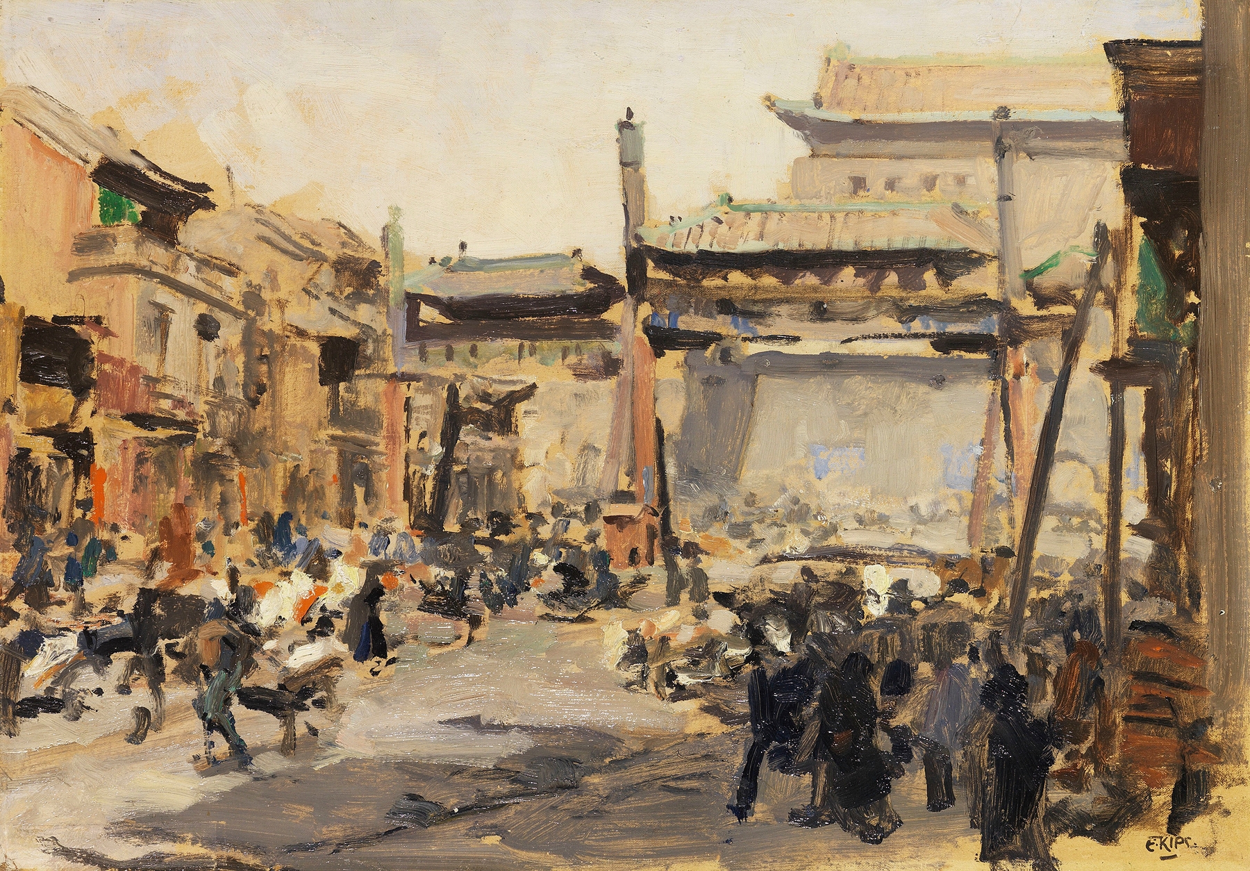 Urban landscape oil painting by Erich Kips featuring Qianmen gate and a bustling crowd.