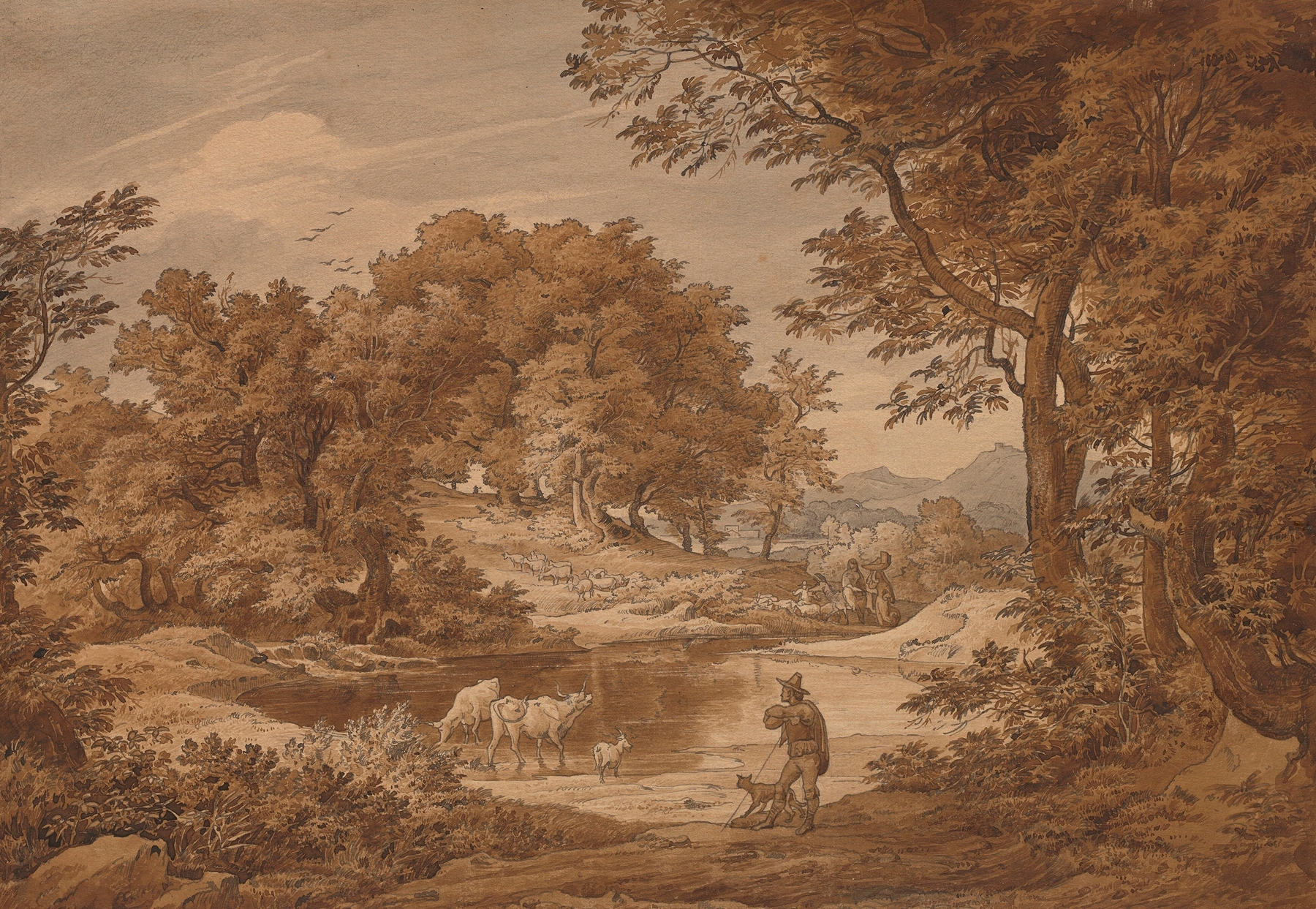 Pastoral landscape with shepherds in golden light, oil on canvas by Friedrich Preller the Elder