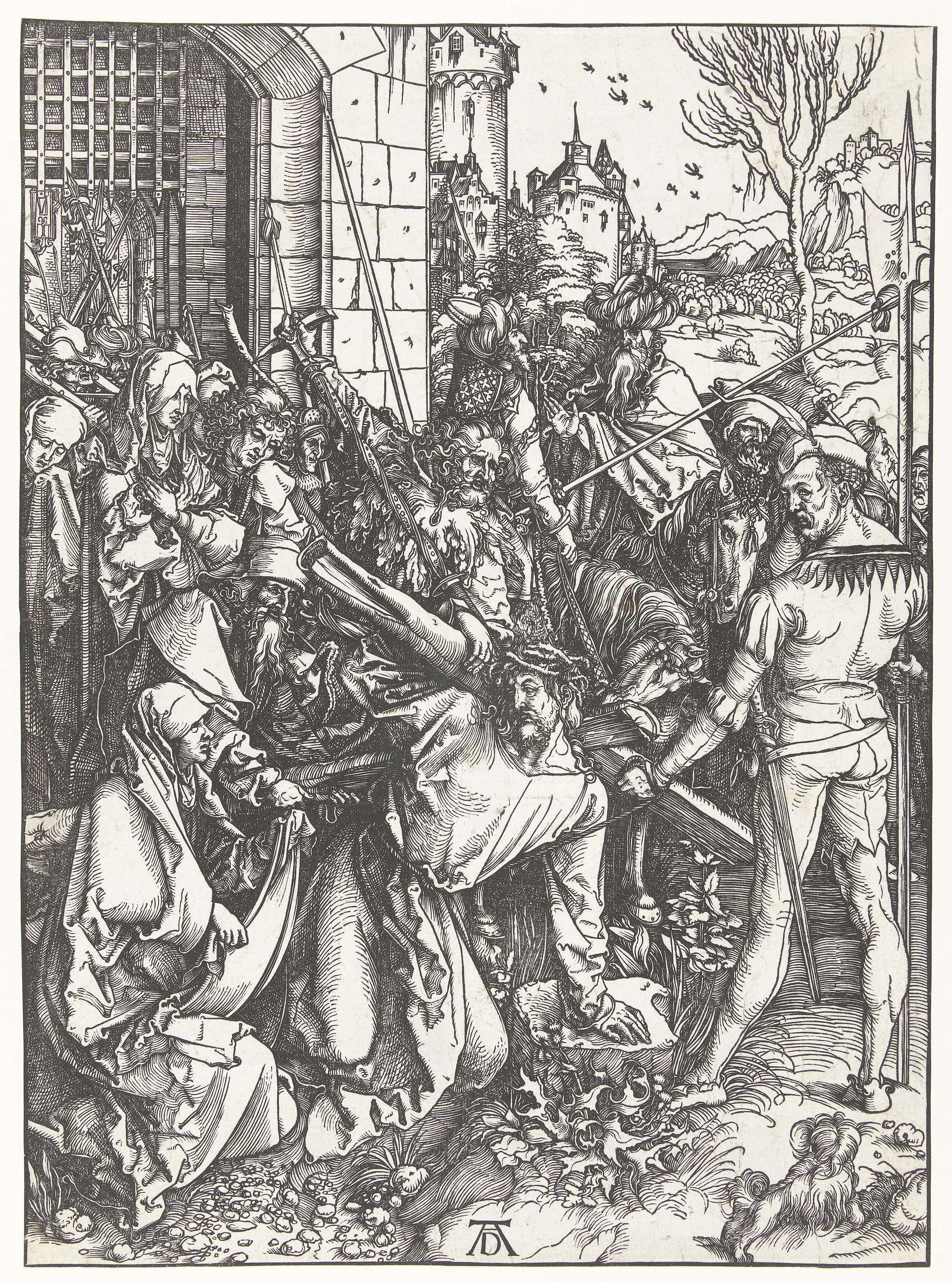 Kruisdraging by Albrecht Dürer, paper medium, depicting Christ bearing the cross with figures in motion.