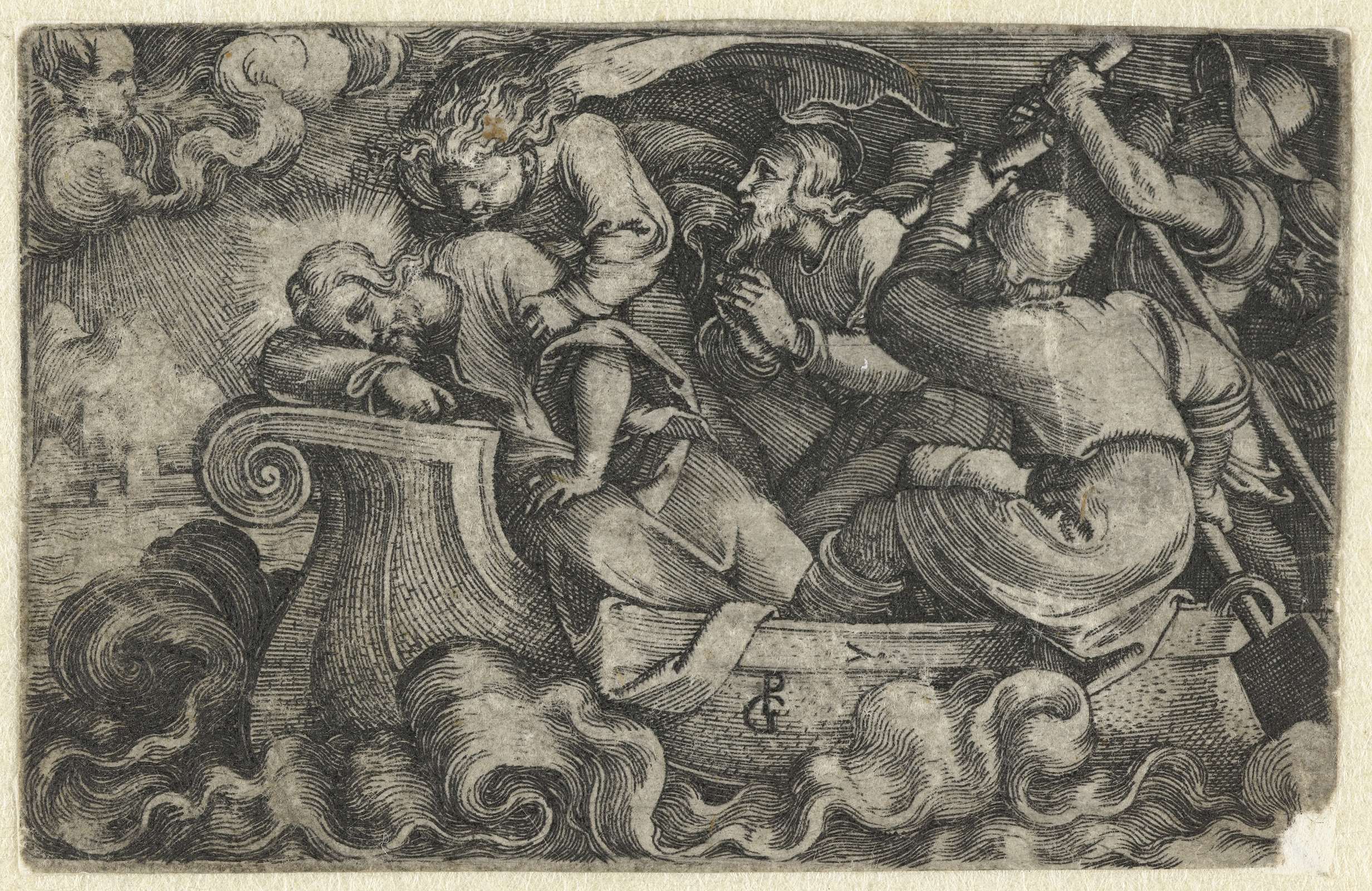 Discipelen wekken slapende Christus tijdens storm op Meer van Galilea, by Georg Pencz, public domain