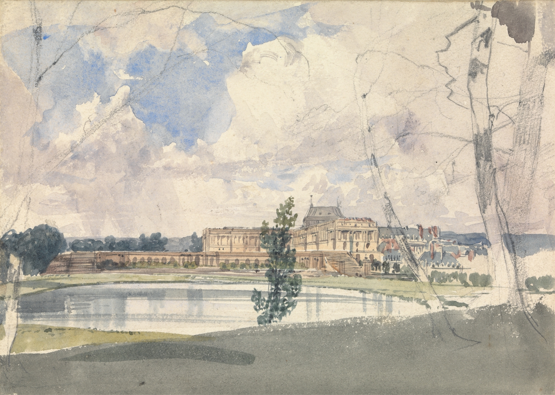 Versailles by Thomas Shotter Boys, oil on canvas, features a palace in sunlight and shimmering water reflections.