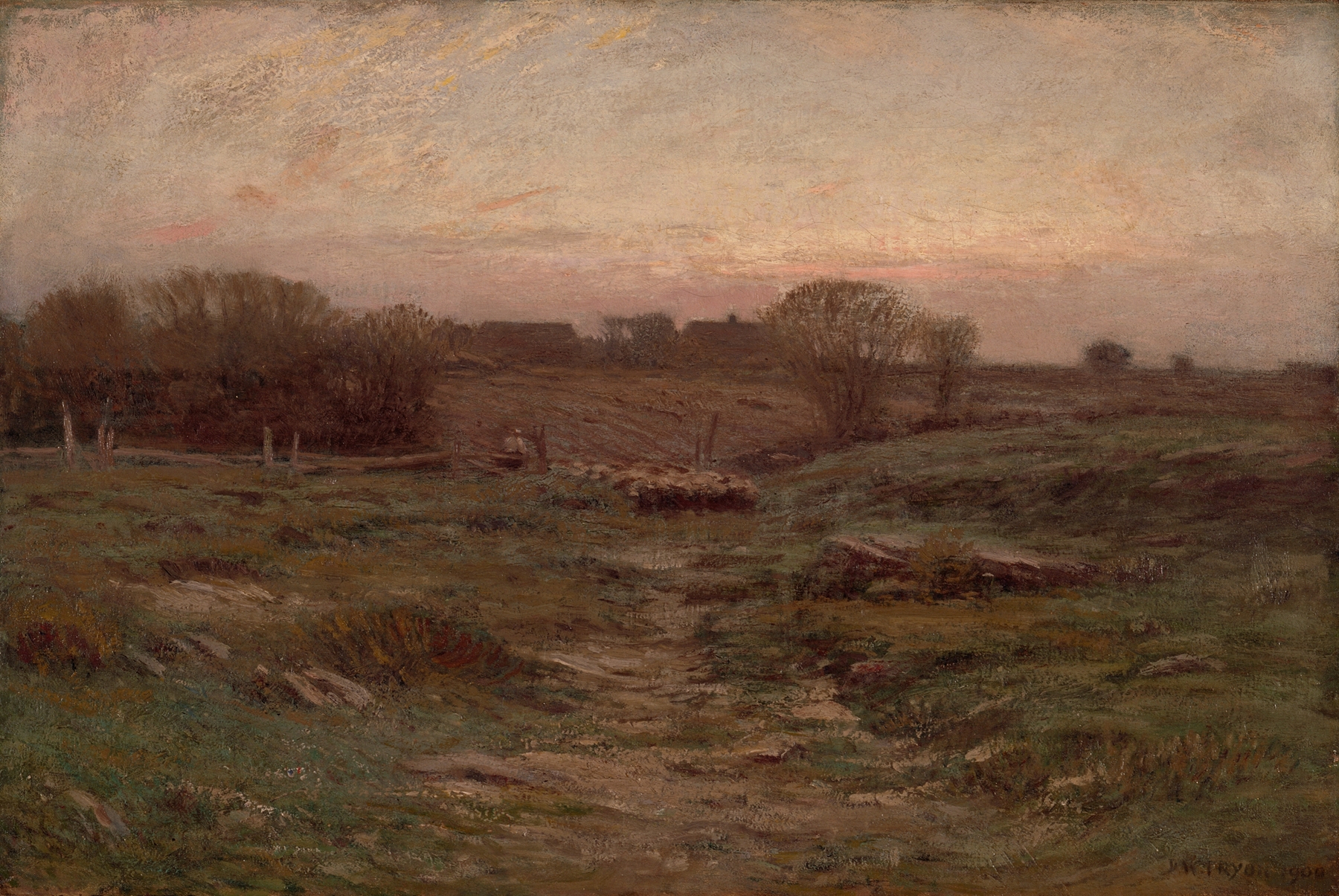 Landscape (Sheep in the Valley) by Dwight William Tryon, oil painting depicting sheep grazing in a valley.