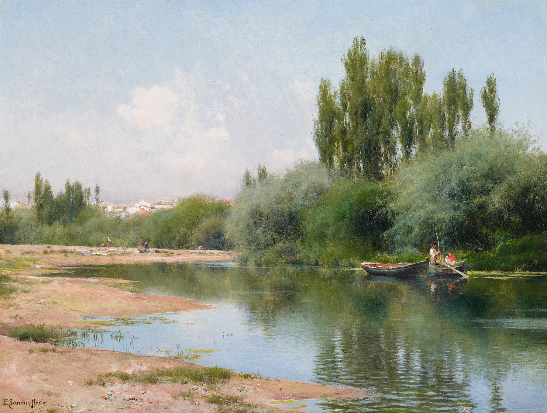 On the Guadalquivir, Seville by Emilio Sánchez-Perrier, impressionist oil painting depicting a river landscape.
