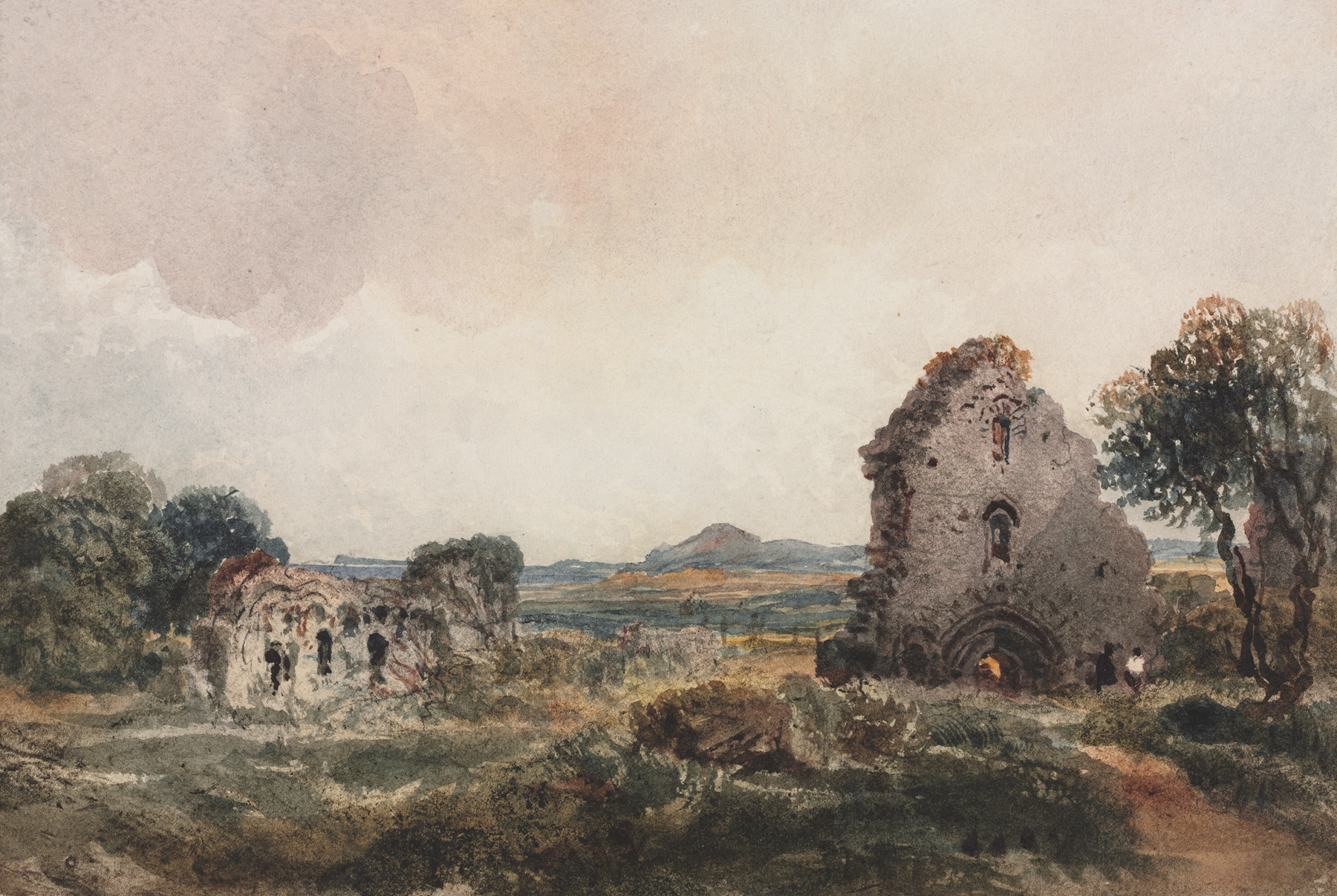 Neath Abbey by Peter De Wint, watercolor on paper, depicting ancient ruins in a lush landscape
