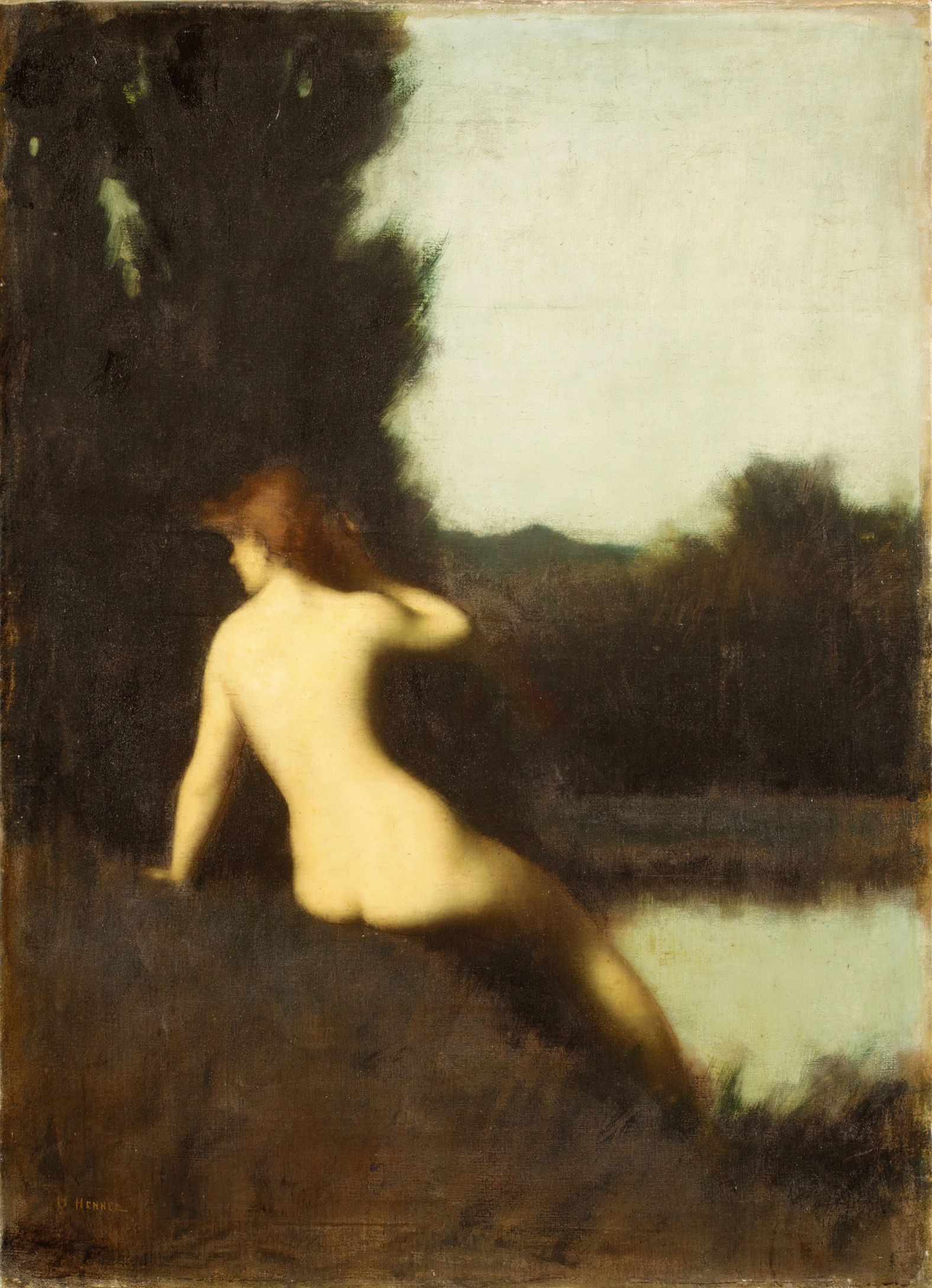Nude figure reclining amidst drapery in oil painting by Jean-Jacques Henner