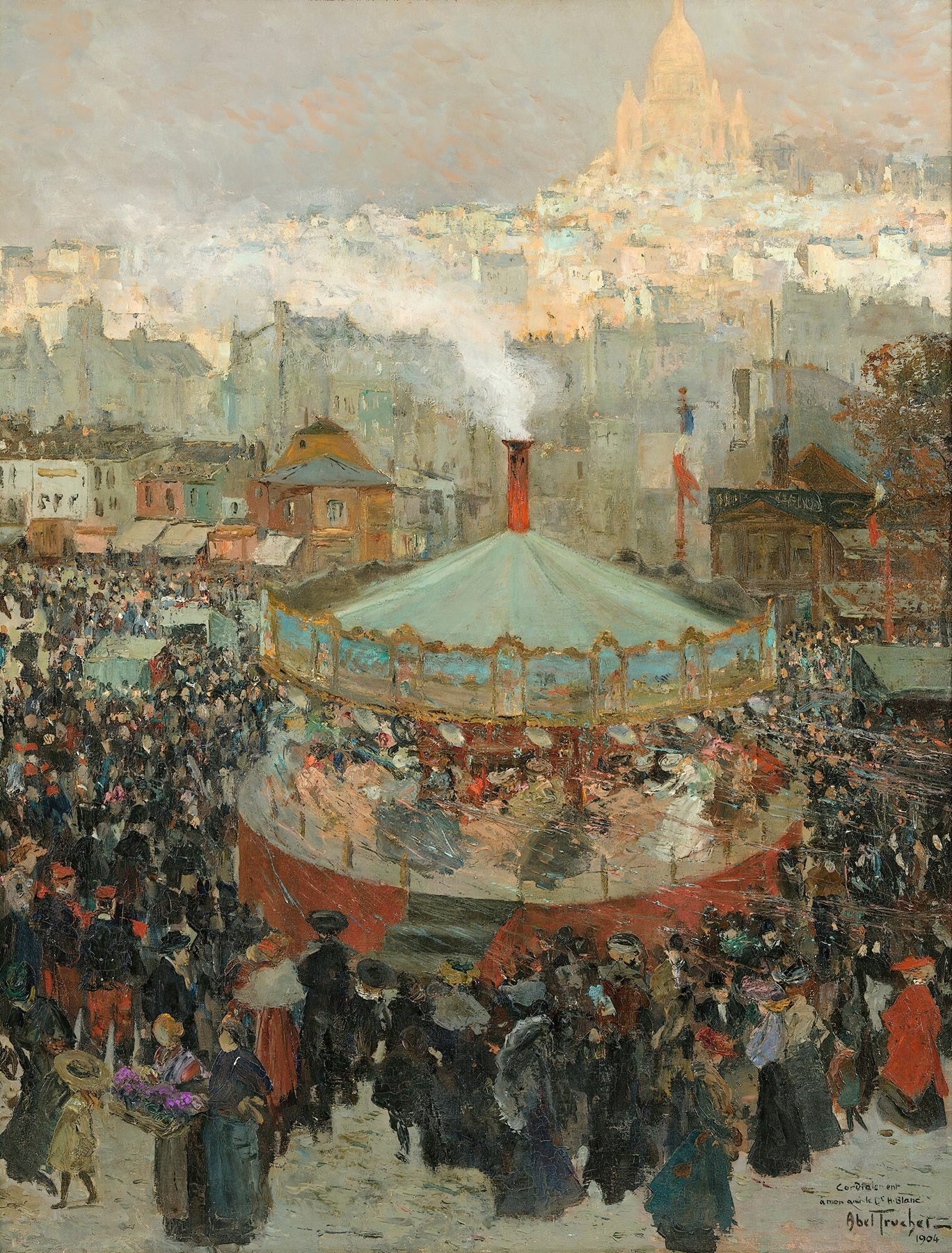 Fairground scene with carousel and Sacré-Coeur, oil painting by Louis Abel-Truchet