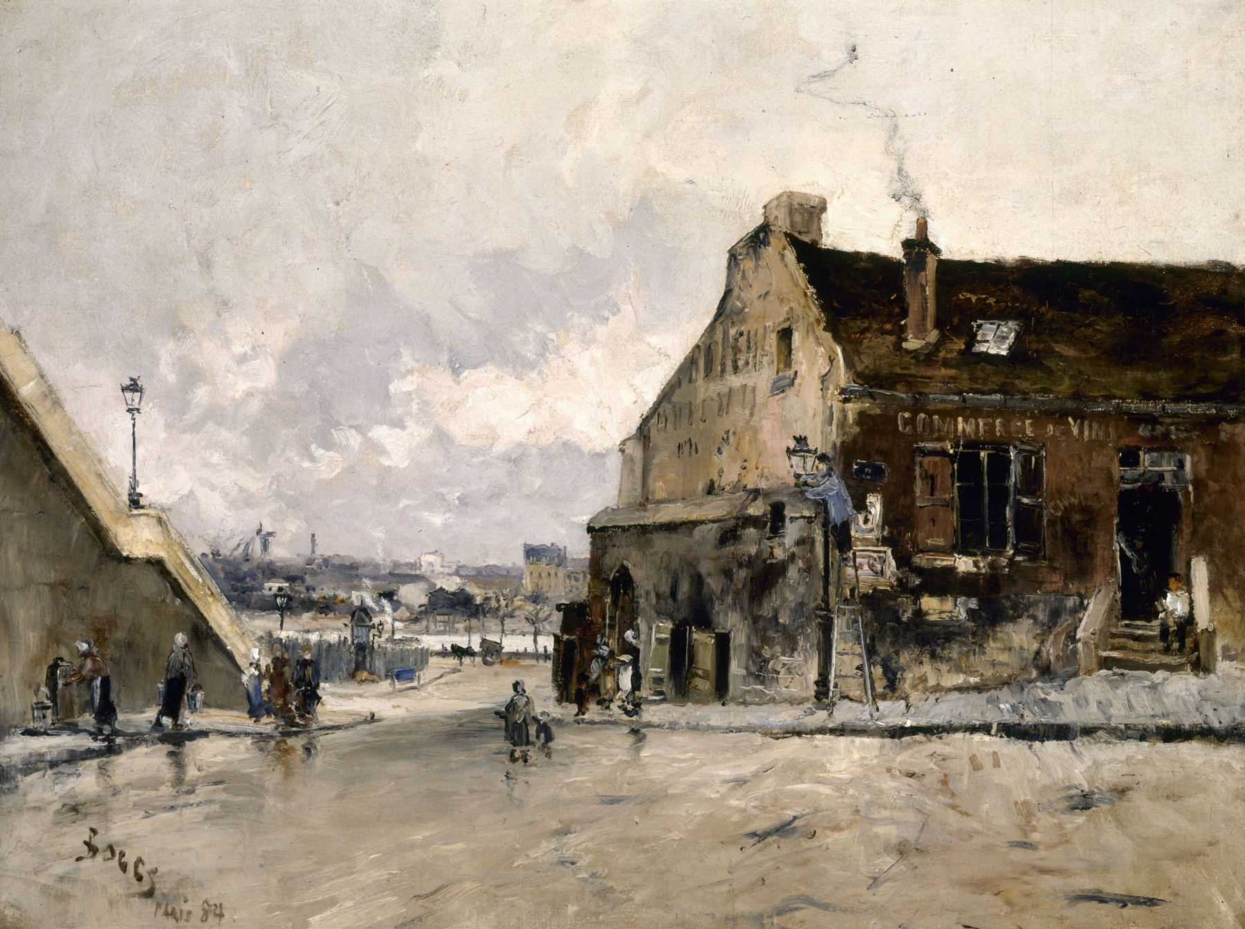 Twilight landscape with cobblestone street by Frank Myers Boggs, oil painting