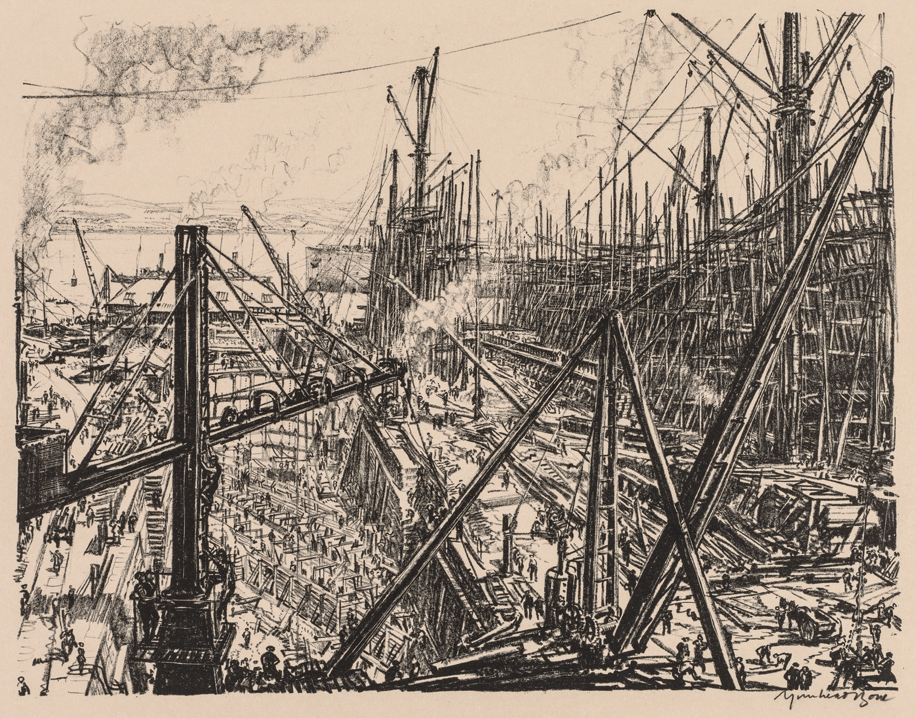 On the Clyde, 1917-1918; Reconstructing a Clyde Shipyard, by Muirhead Bone, public domain