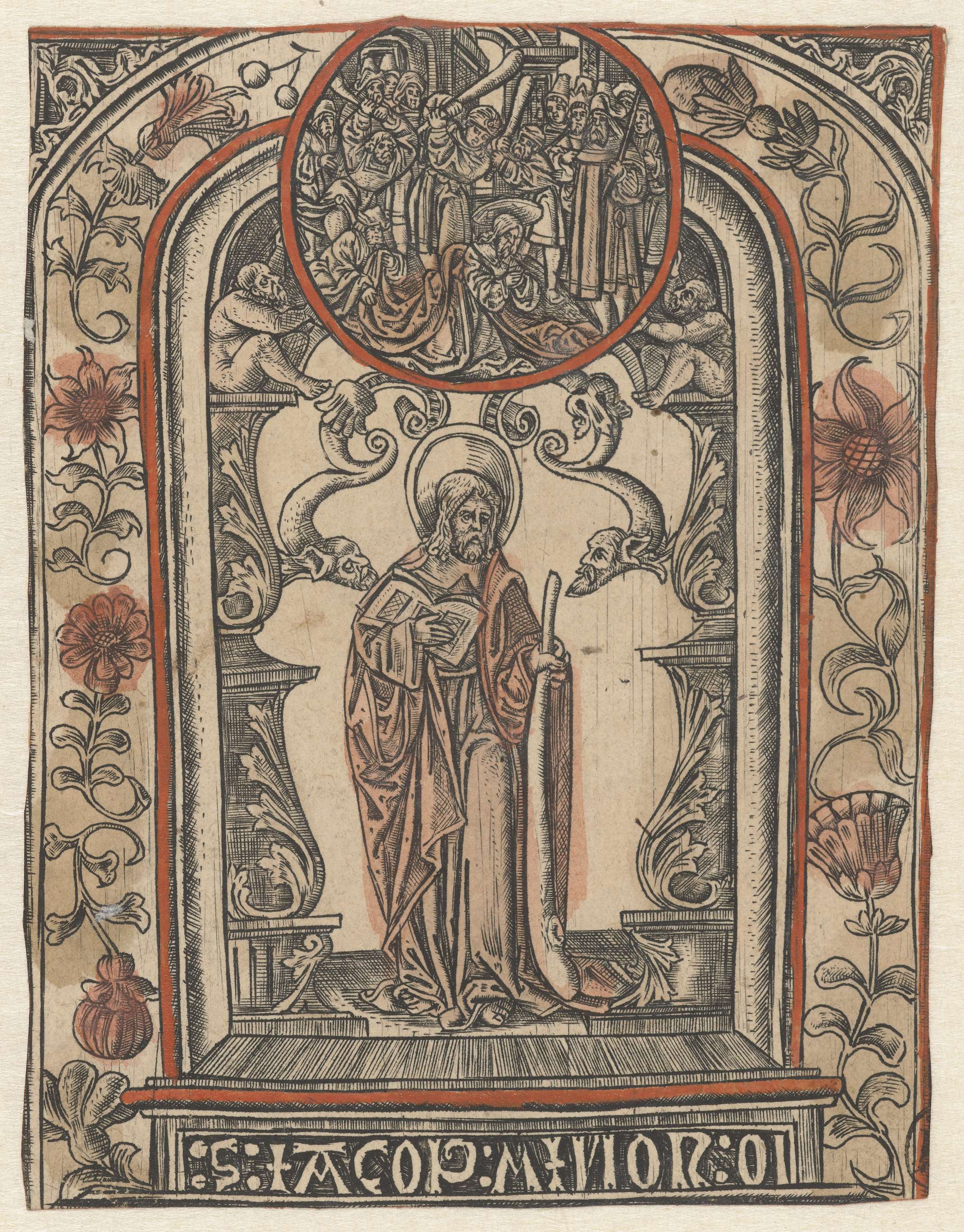 Engraving by Allaert Claesz of the apostle Jakobus Minor in vivid robes against a muted landscape.
