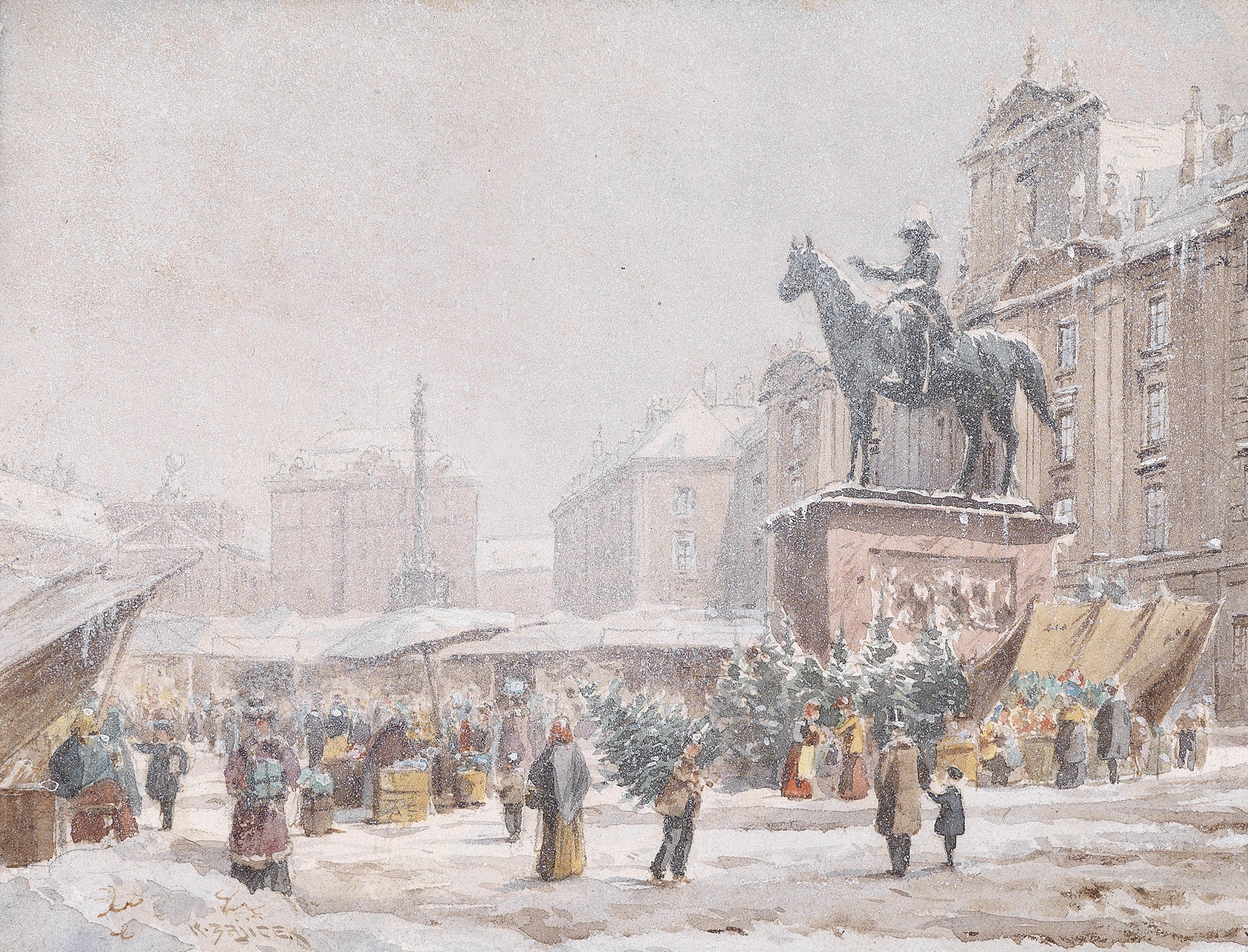 Genre scene depicting a market with stalls and lanterns by Karl Wenzel Zajicek, oil painting.