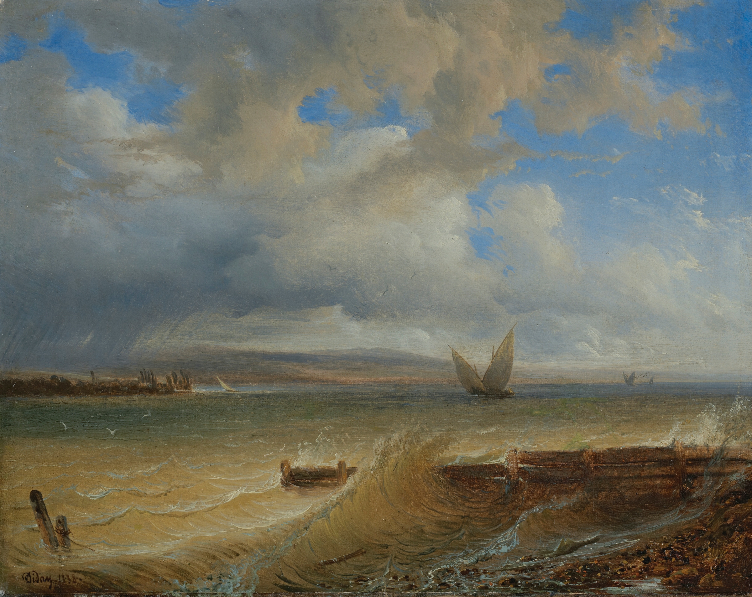 The Storm by François Diday, oil painting depicting crashing waves and dark cliffs.