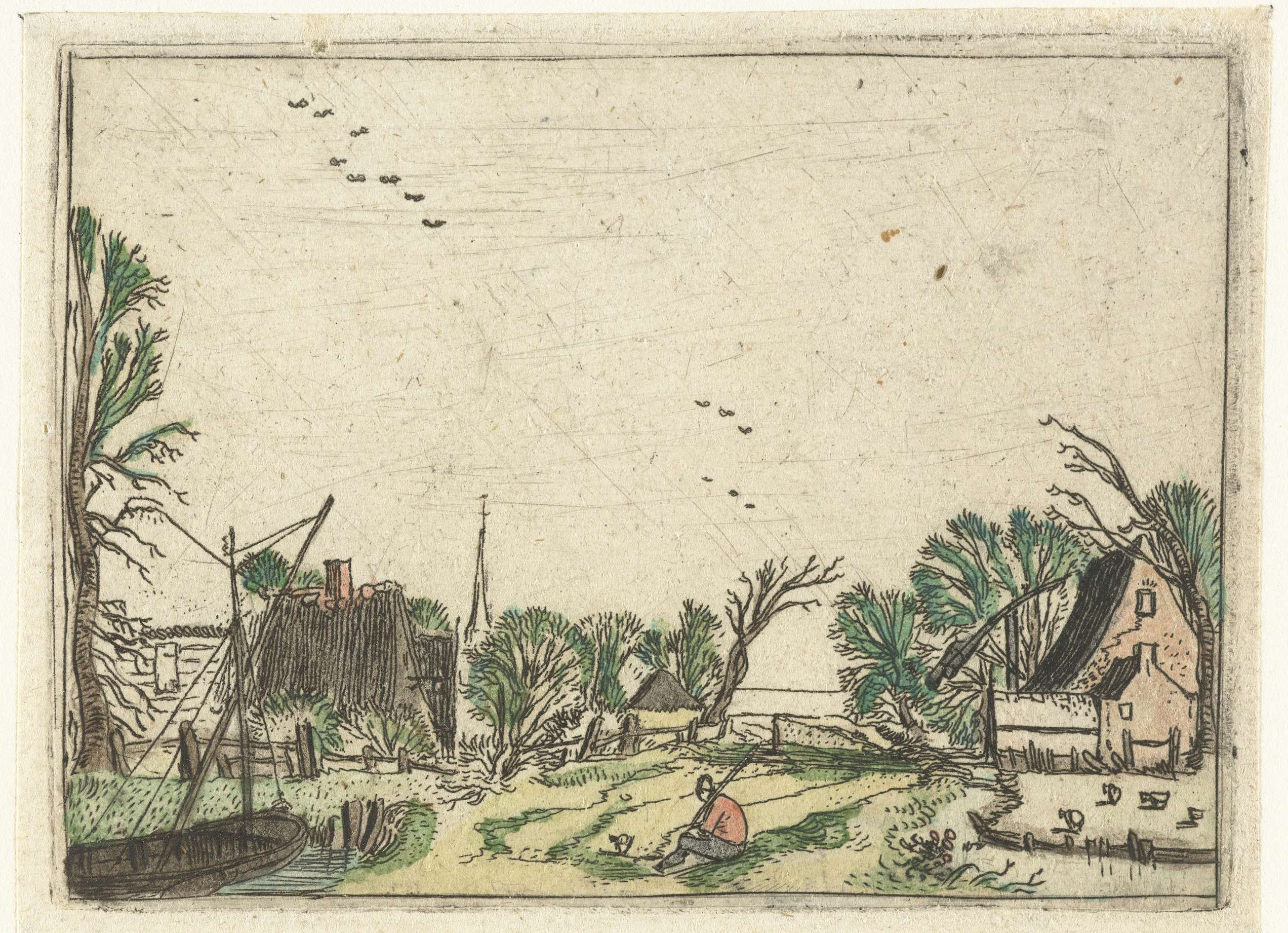 Etching by Esaias van de Velde depicting a village landscape with soft hues