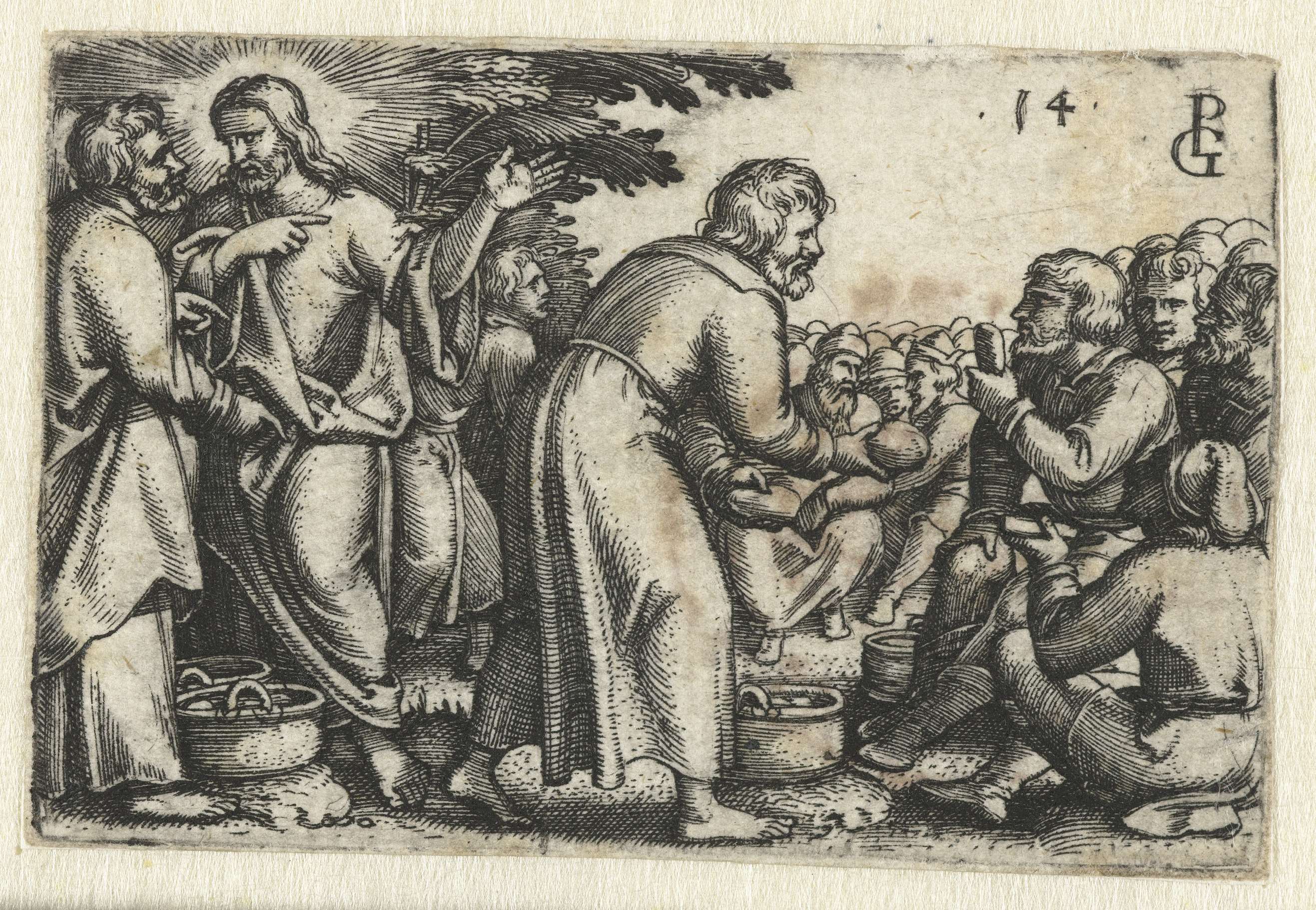 Engraving by Georg Pencz depicting a religious feast with a crowd and rich colors