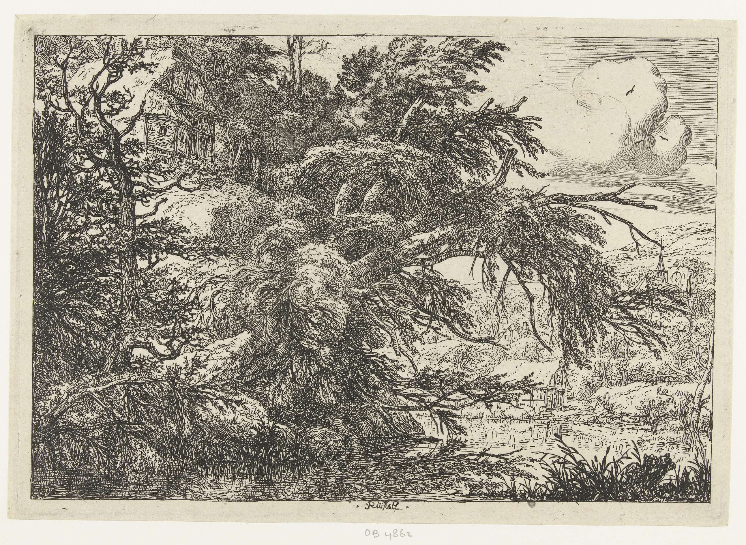 Etching by Jacob Isaacksz van Ruisdael showing a farm on a hill.