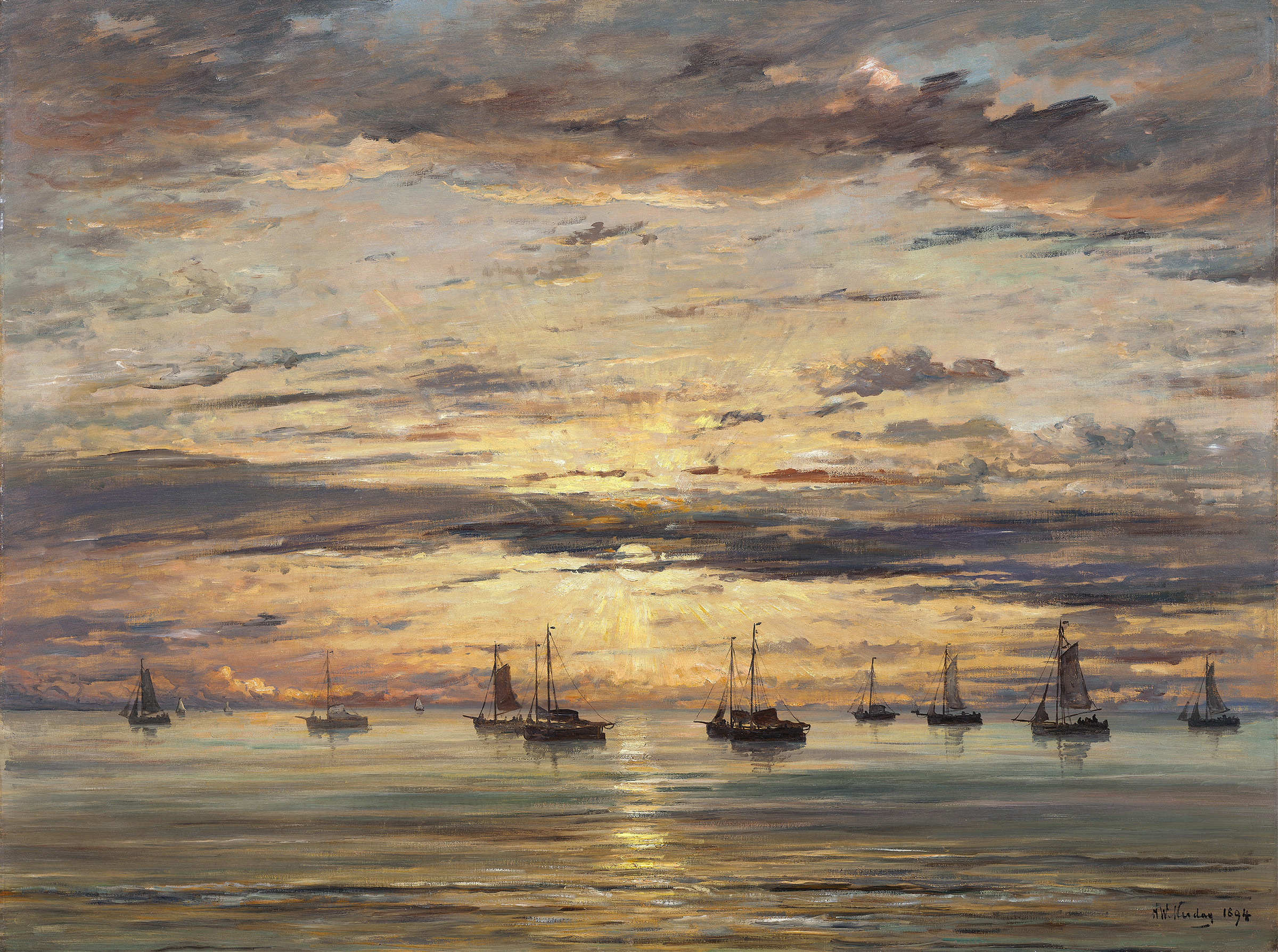 Sunset at Scheveningen – A Fleet of Fishing Vessels at Anchor, by Hendrik Willem Mesdag, public domain