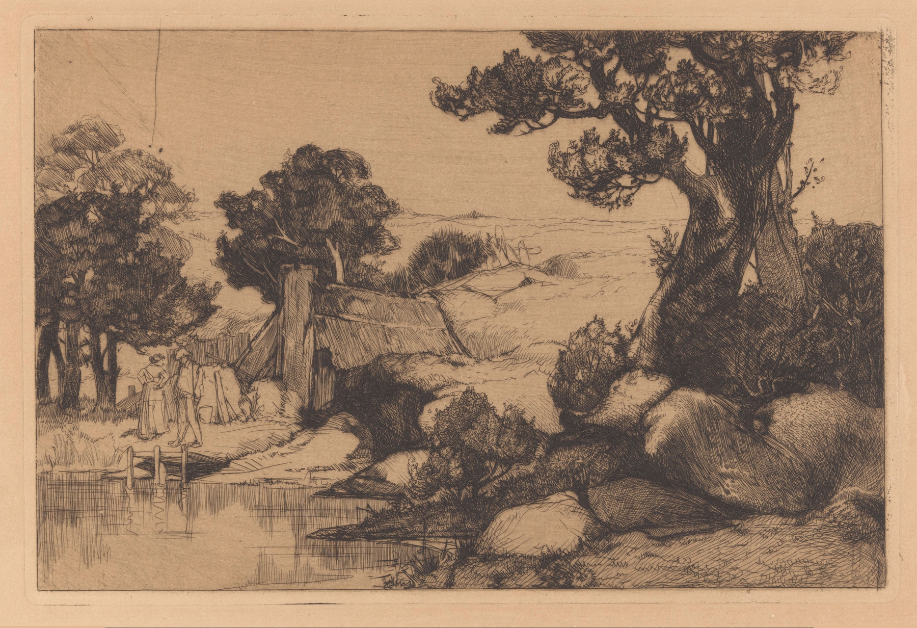Landschap met man en vrouw aan oever by Johannes Josephus Aarts, oil painting depicting a couple by a river