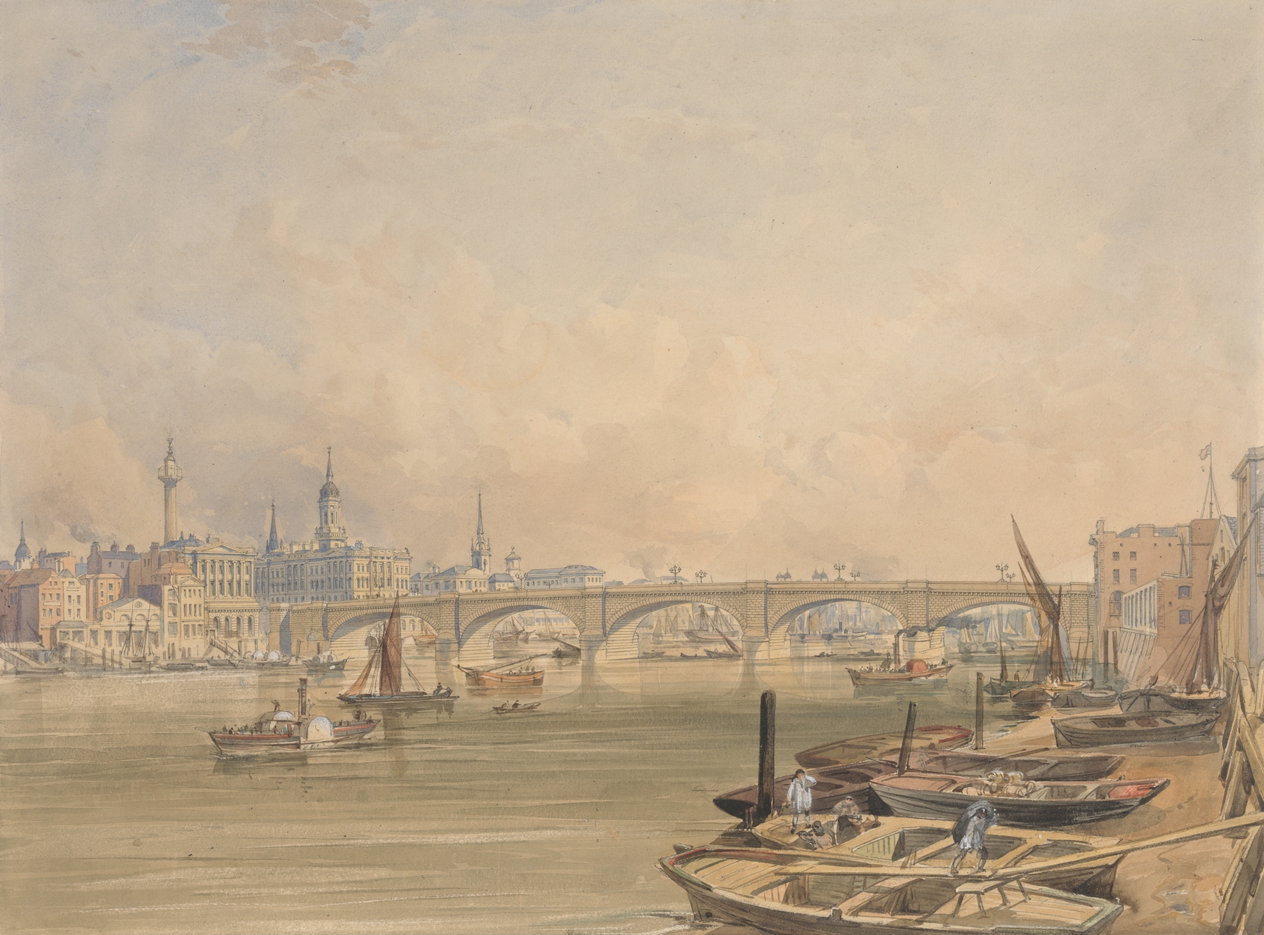 A View of London Bridge by Edmund Walker, Victorian oil painting depicting twilight and shadows.