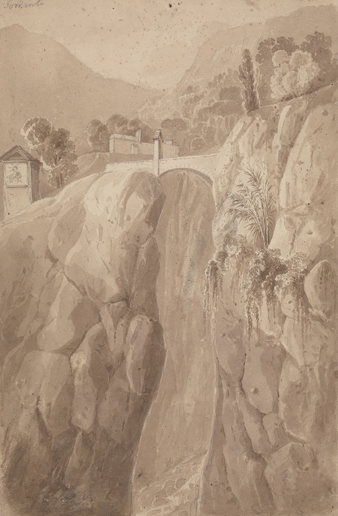 Landscape of Sorrento by Isaac Weld, oil painting depicting serene waters and a pastel sky.