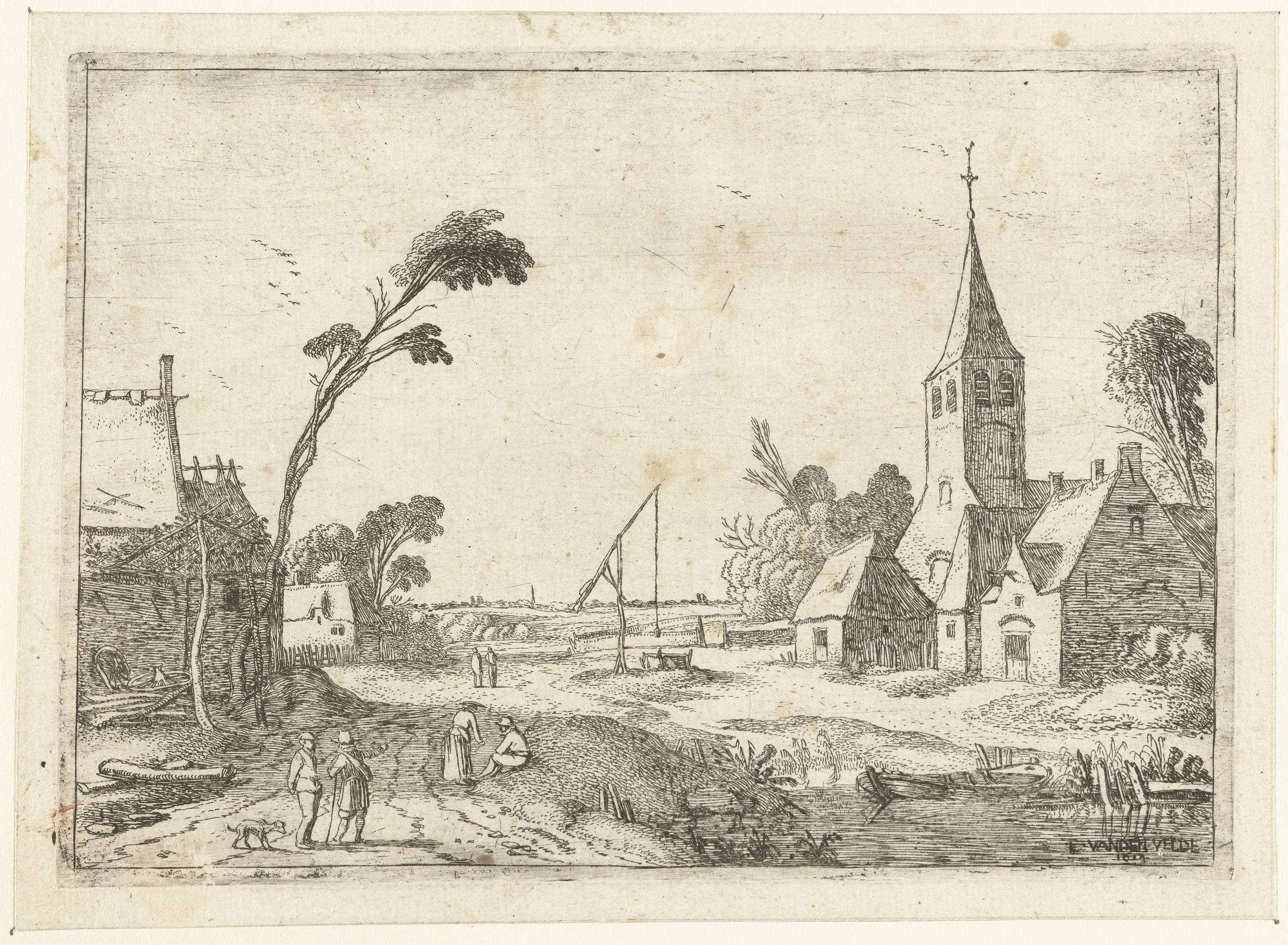 Dorpsgezicht met boerderijen, kerk en waterput, etching by Esaias van de Velde