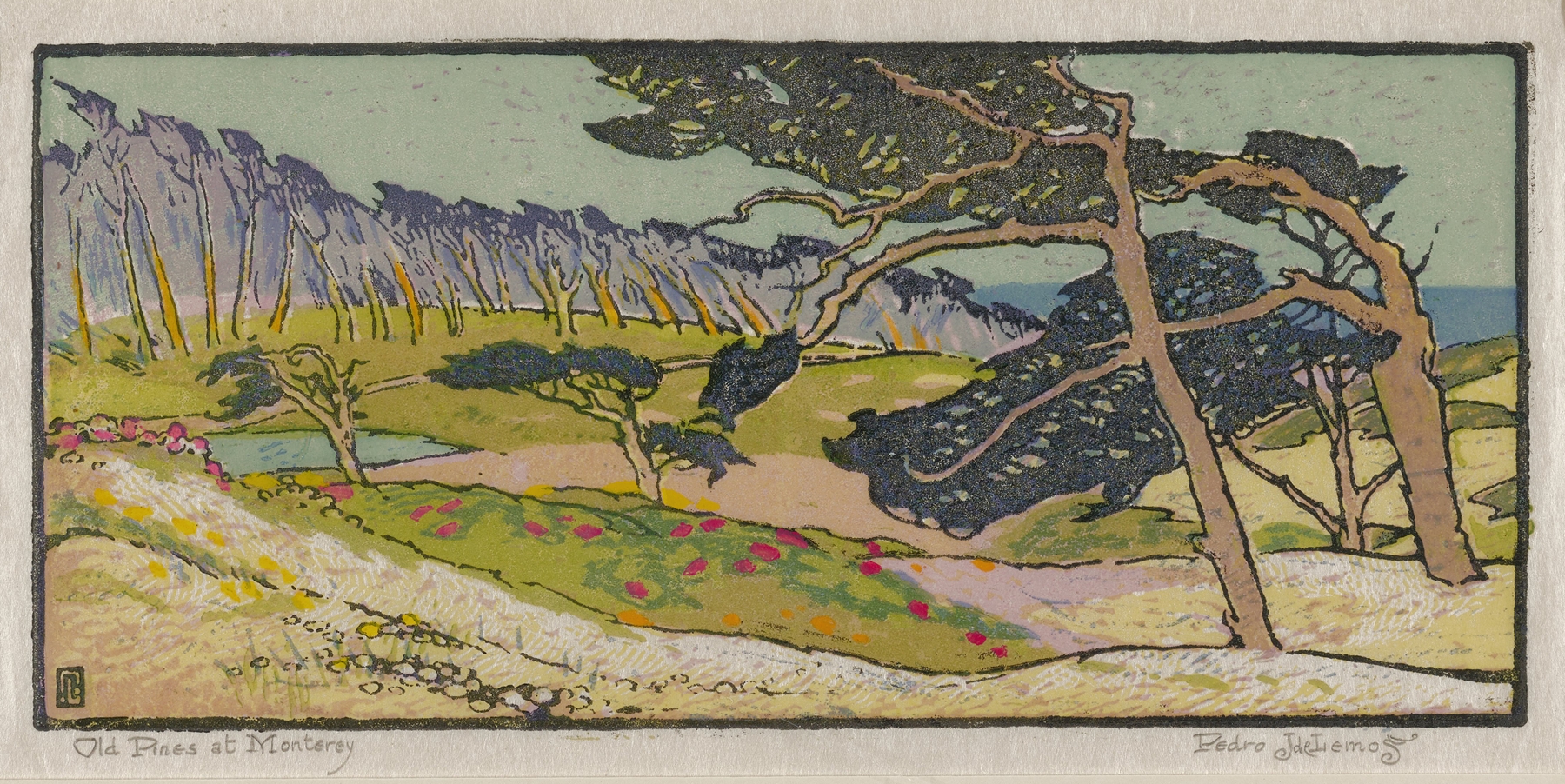 Old Pines at Monterey by Pedro de Lemos, watercolor on paper depicting tranquil pines in a forest.