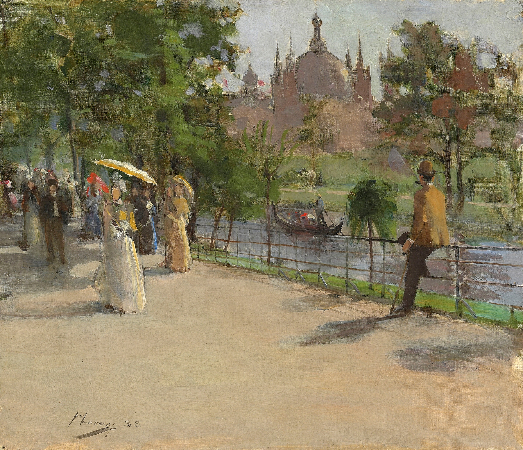 Genre scene of elegantly dressed figures at The Glasgow International Exhibition, oil on canvas by Sir John Lavery.