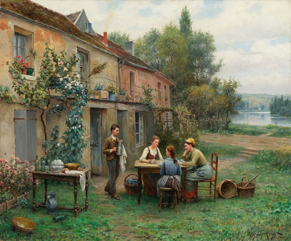 A serene depiction of a woman enjoying coffee in a lush garden.