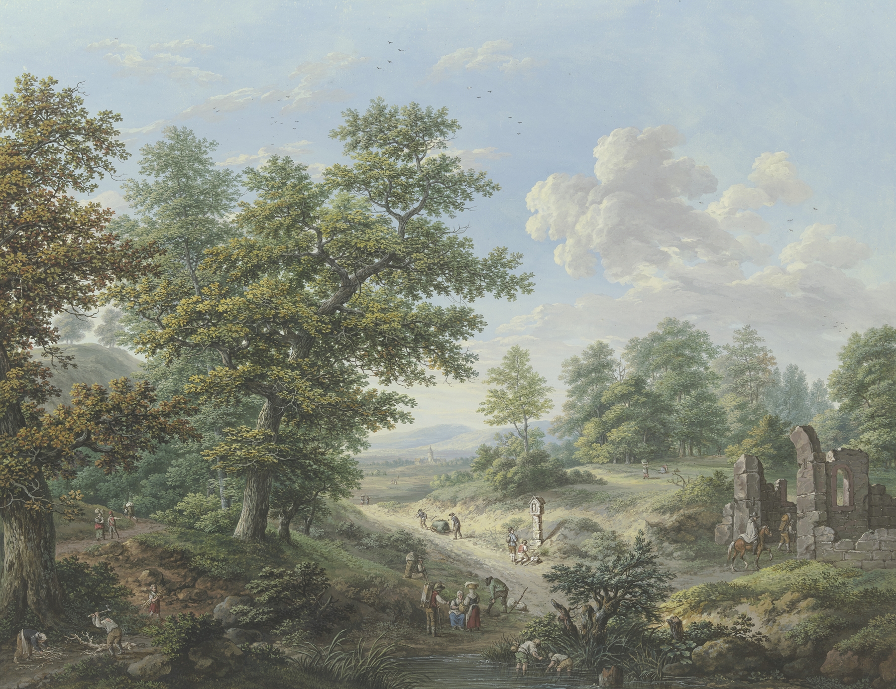 Landscape oil painting by Karl Franz Kraul featuring ruins and a horse