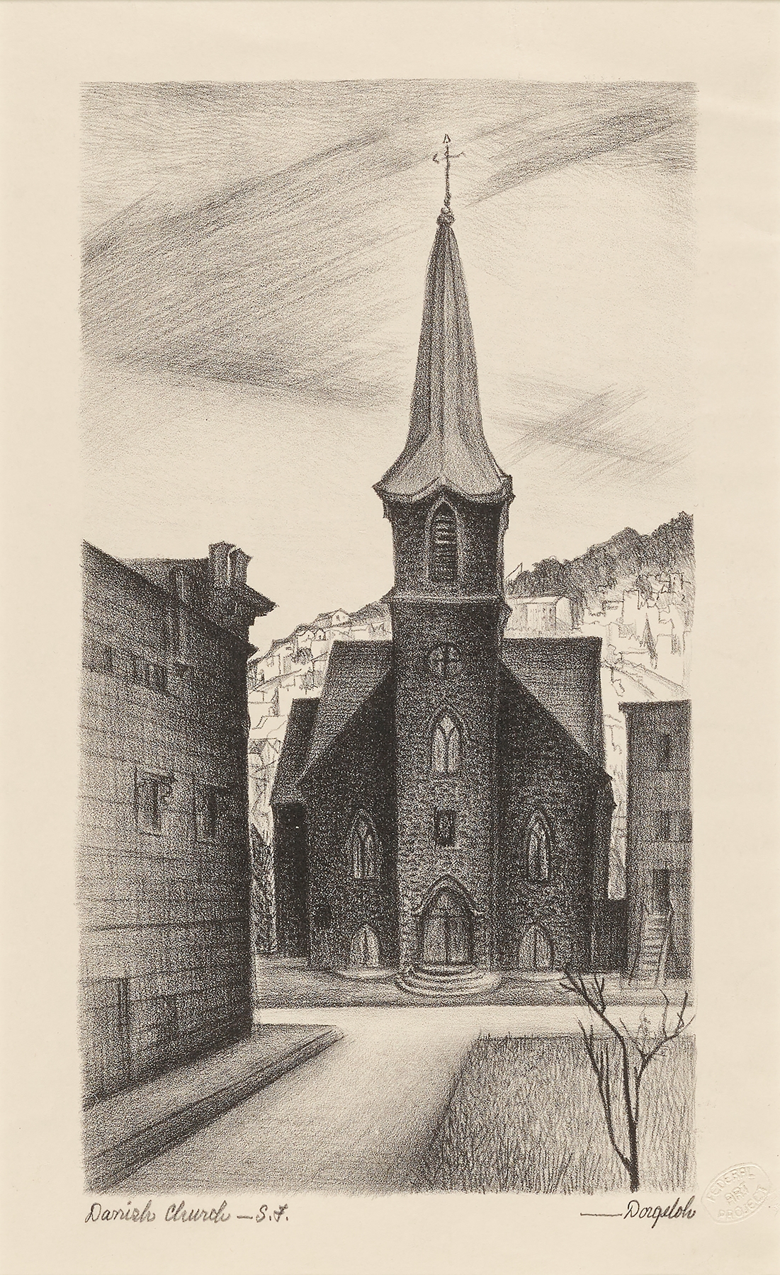 Danish Church by Marguerite Redman Dorgeloh, oil on canvas, featuring stained glass and light.