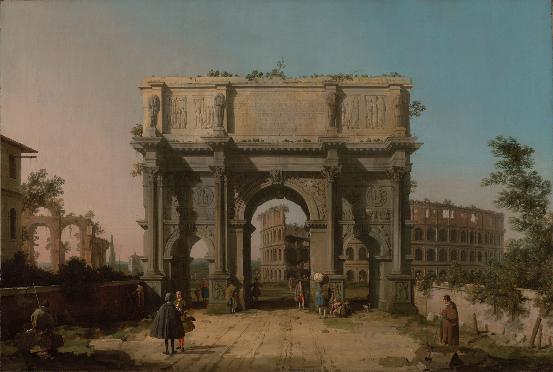 Rococo oil painting by Canaletto depicting the Arch of Constantine and Colosseum
