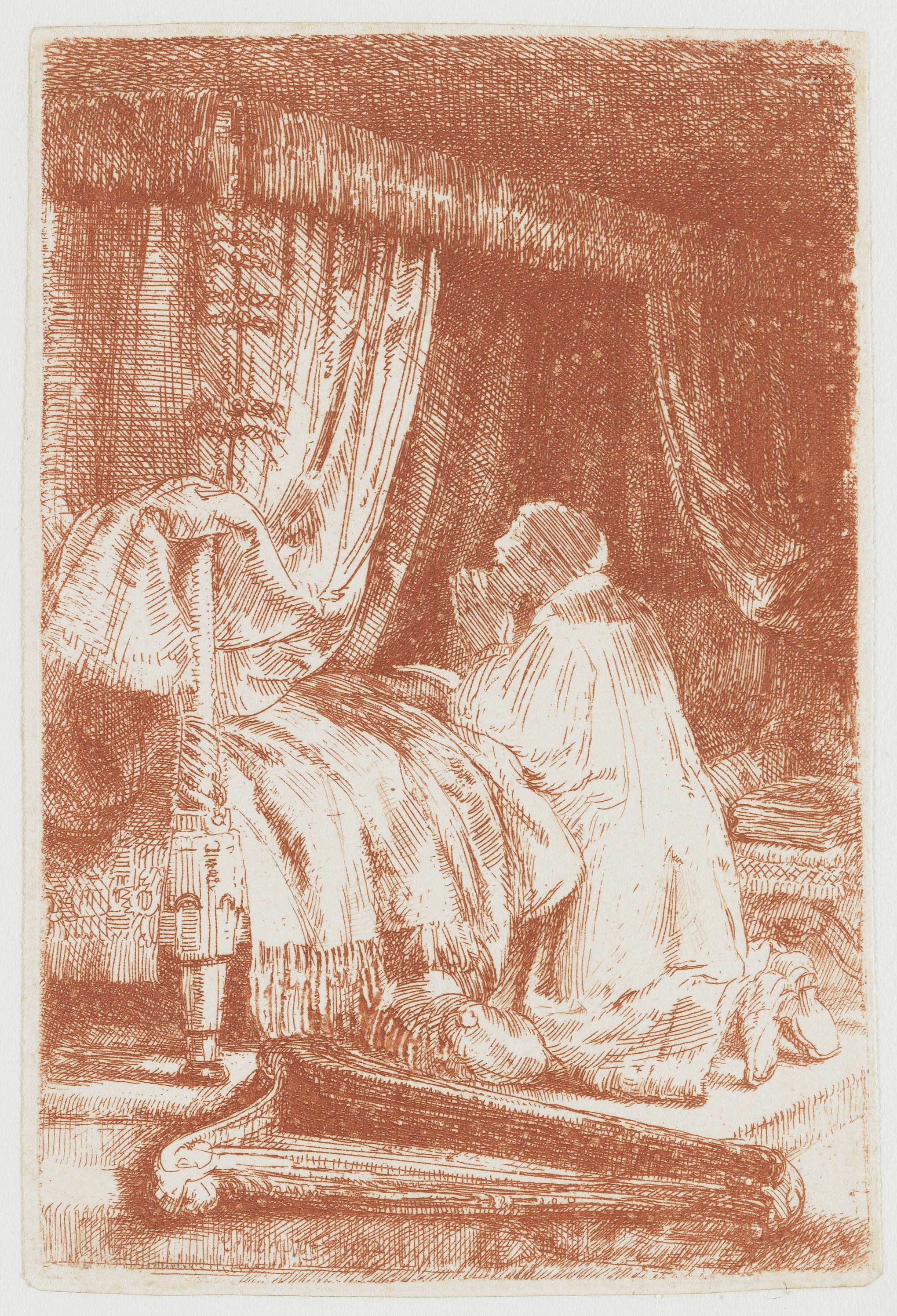 David in prayer, etching by Rembrandt van Rijn, features a solemn figure illuminated by light and shadow.