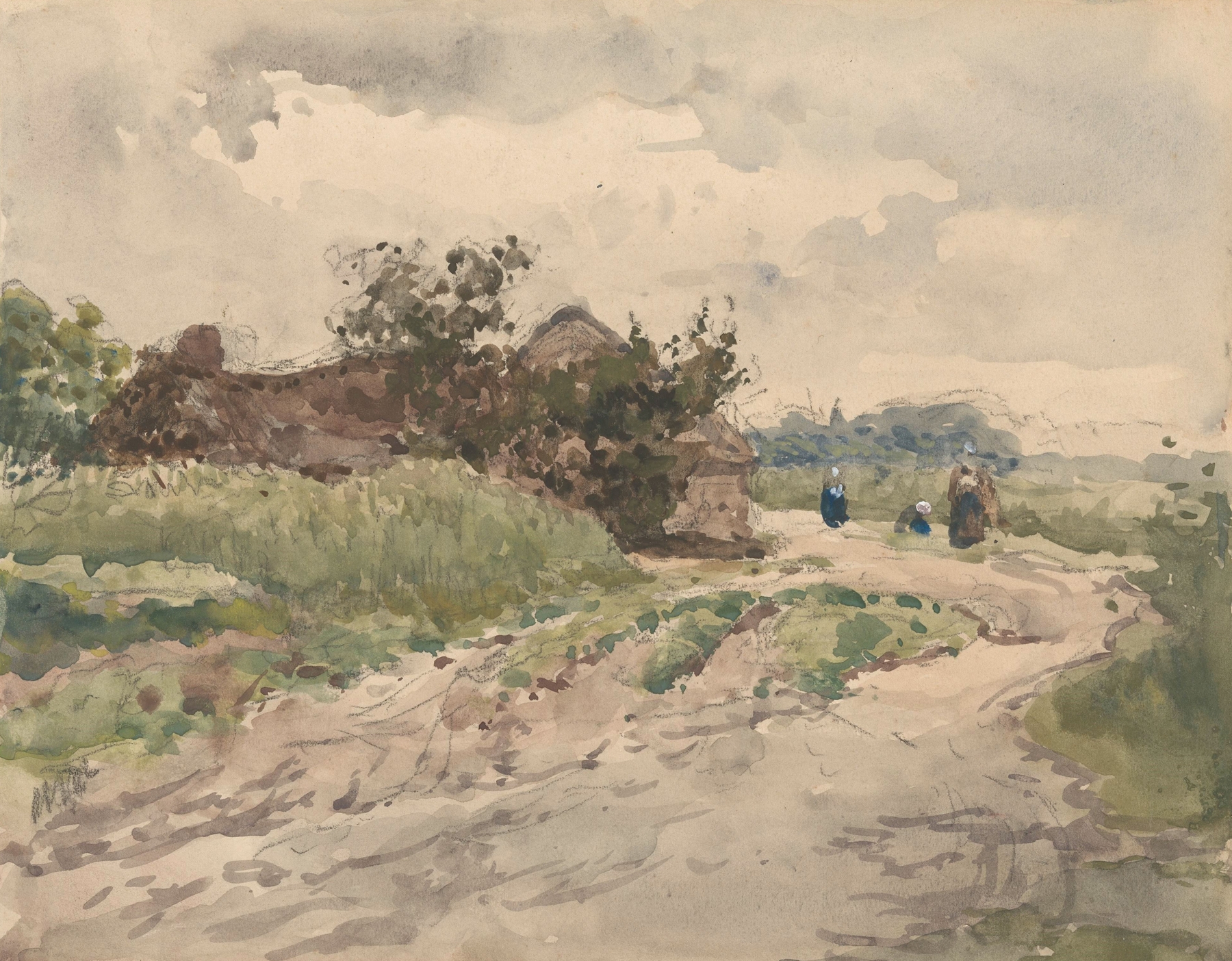 Landscape with figures walking towards a farmhouse, oil on canvas by Julius Jacobus van de Sande Bakhuyzen