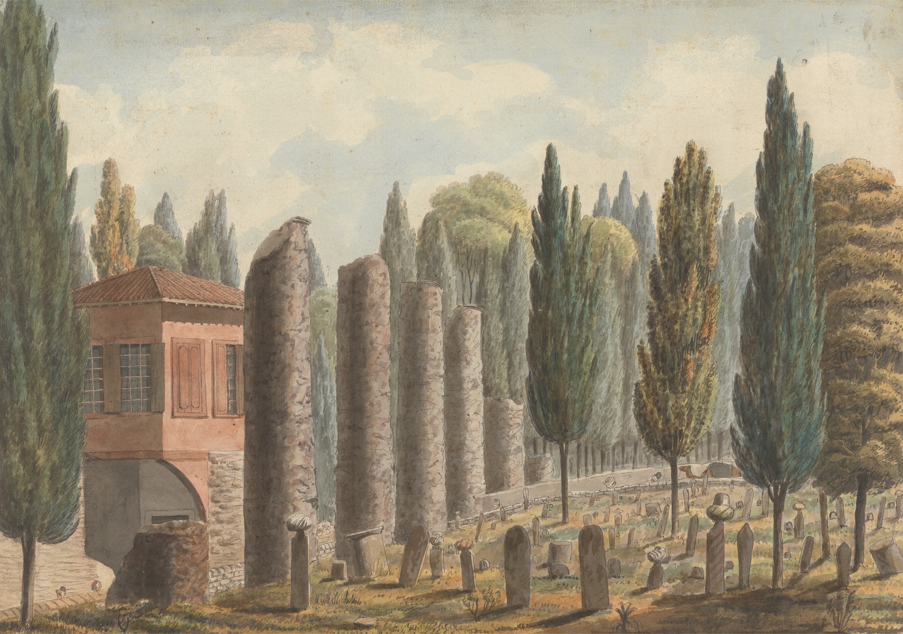 Burial ground with ruined columns and pinetrees, oil painting by Willey Reveley